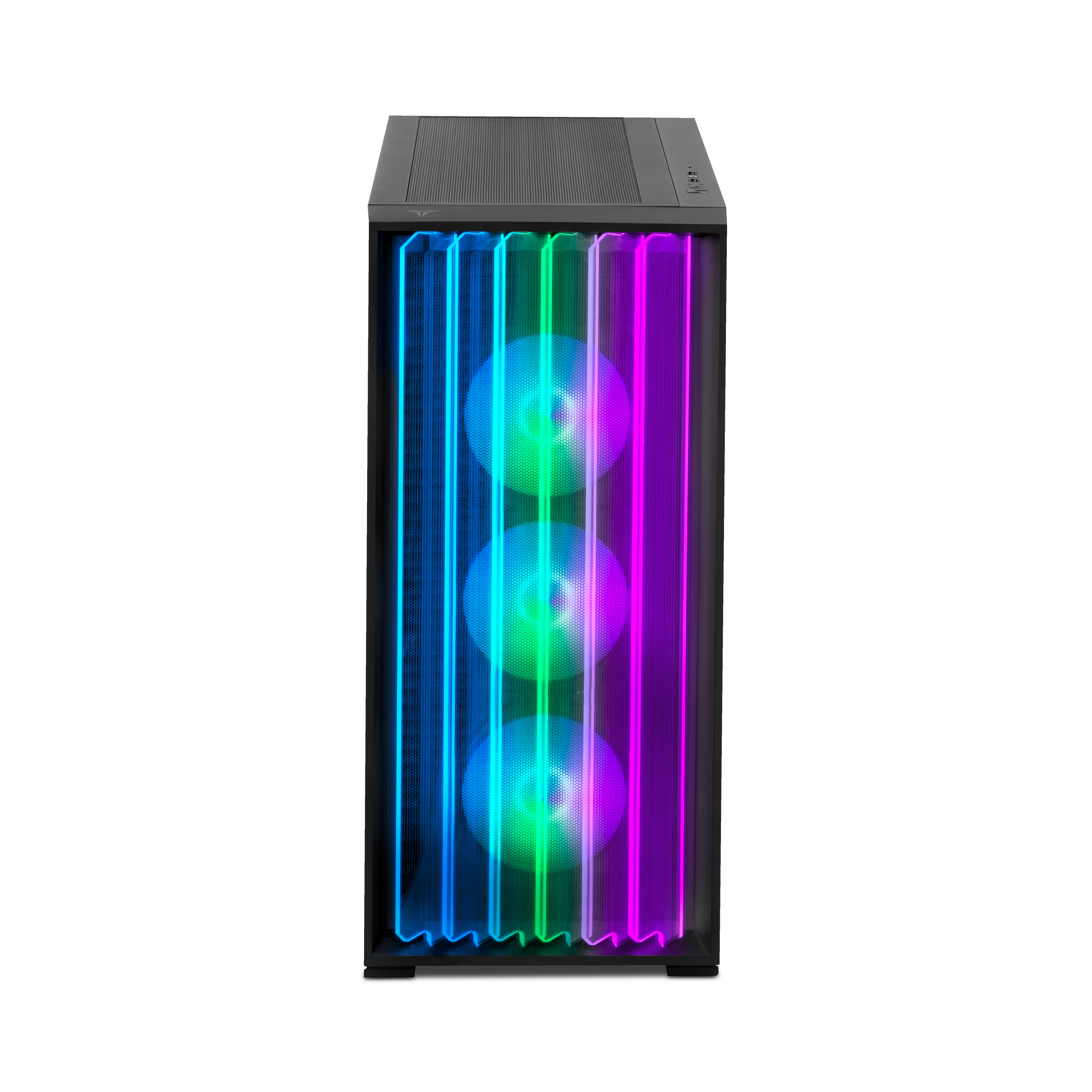 Un case per computer nero con tre ventole con luci colorate, visibili dietro il pannello frontale.