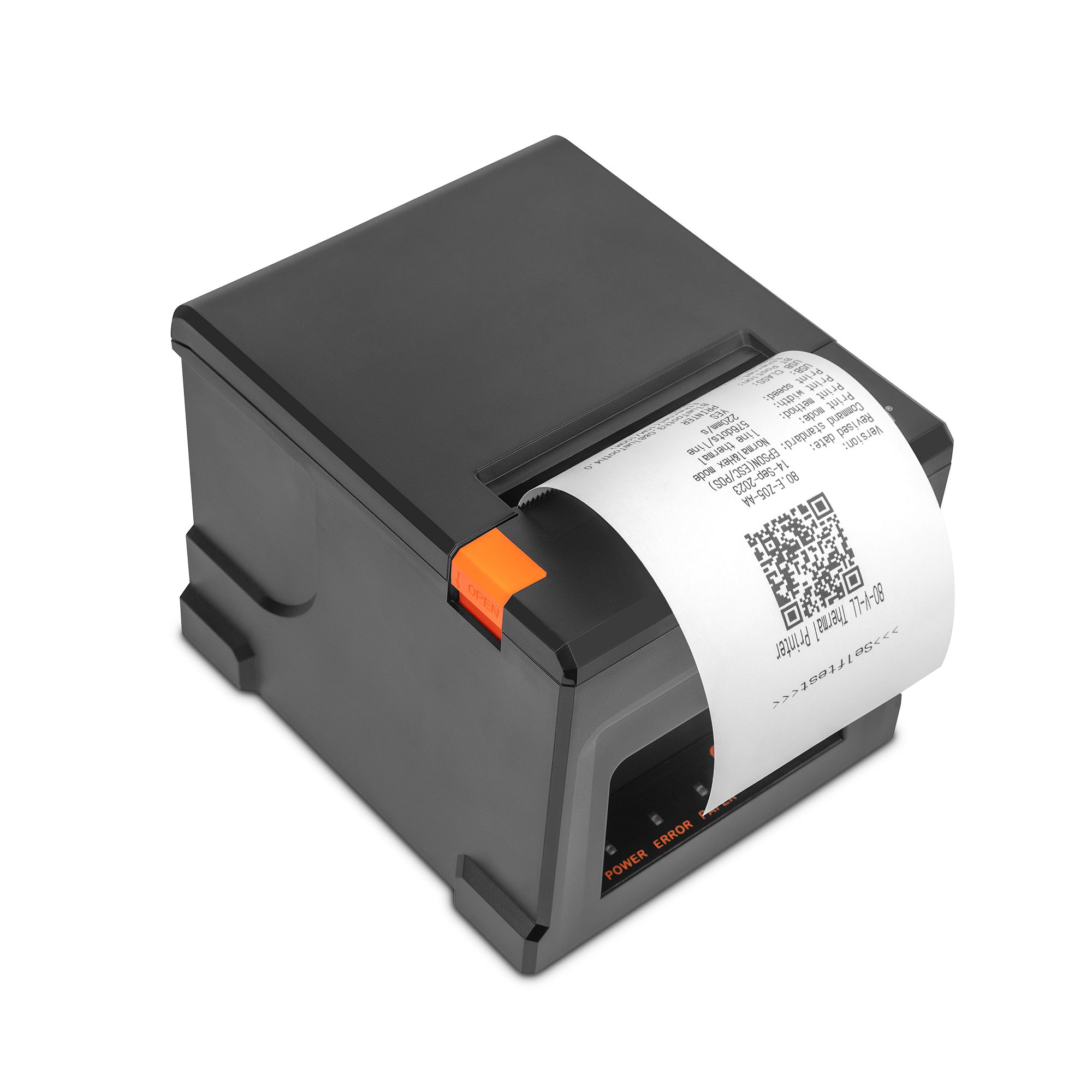 Impresora térmica negra imprimiendo un recibo con un código QR. Indicador de error de energía naranja.