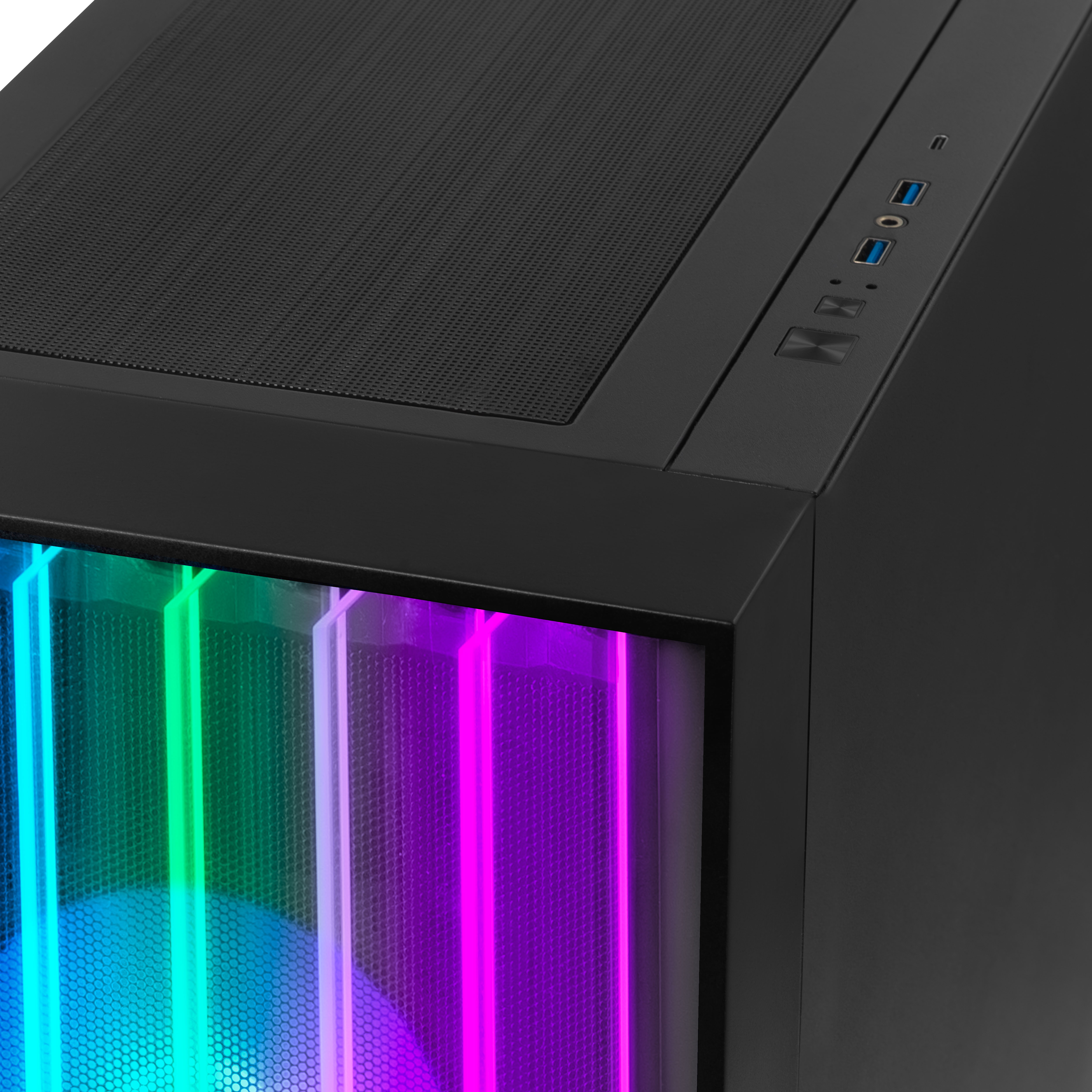 Primo piano di un case per computer nero con un pannello frontale colorato e illuminato.