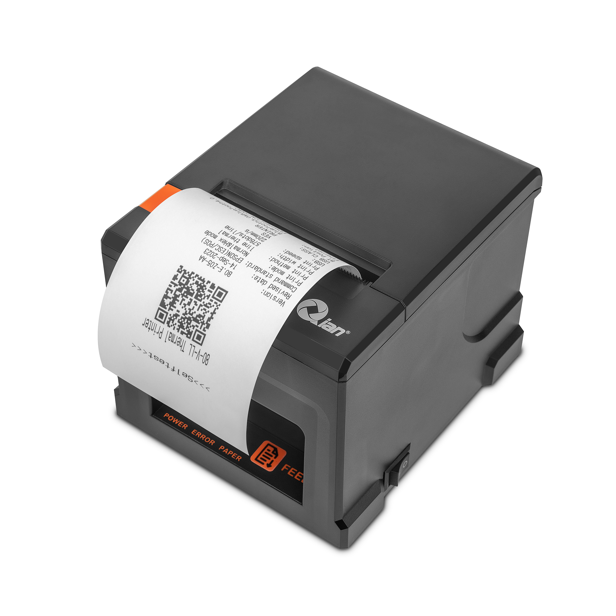 Impresora térmica negra imprimiendo un recibo con código QR y texto.