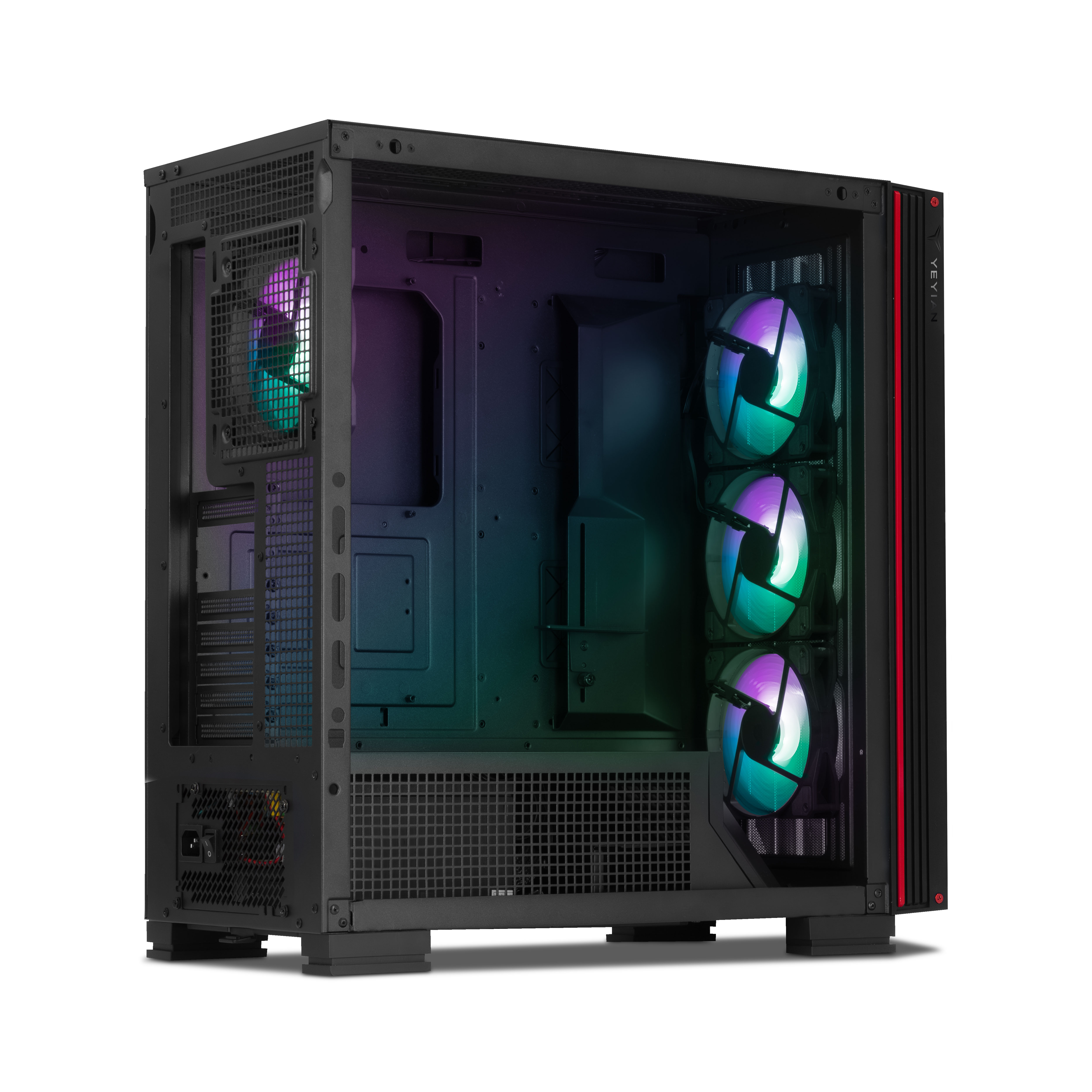 Case per computer nero con ventole, illuminazione RGB e pannello laterale in vetro.