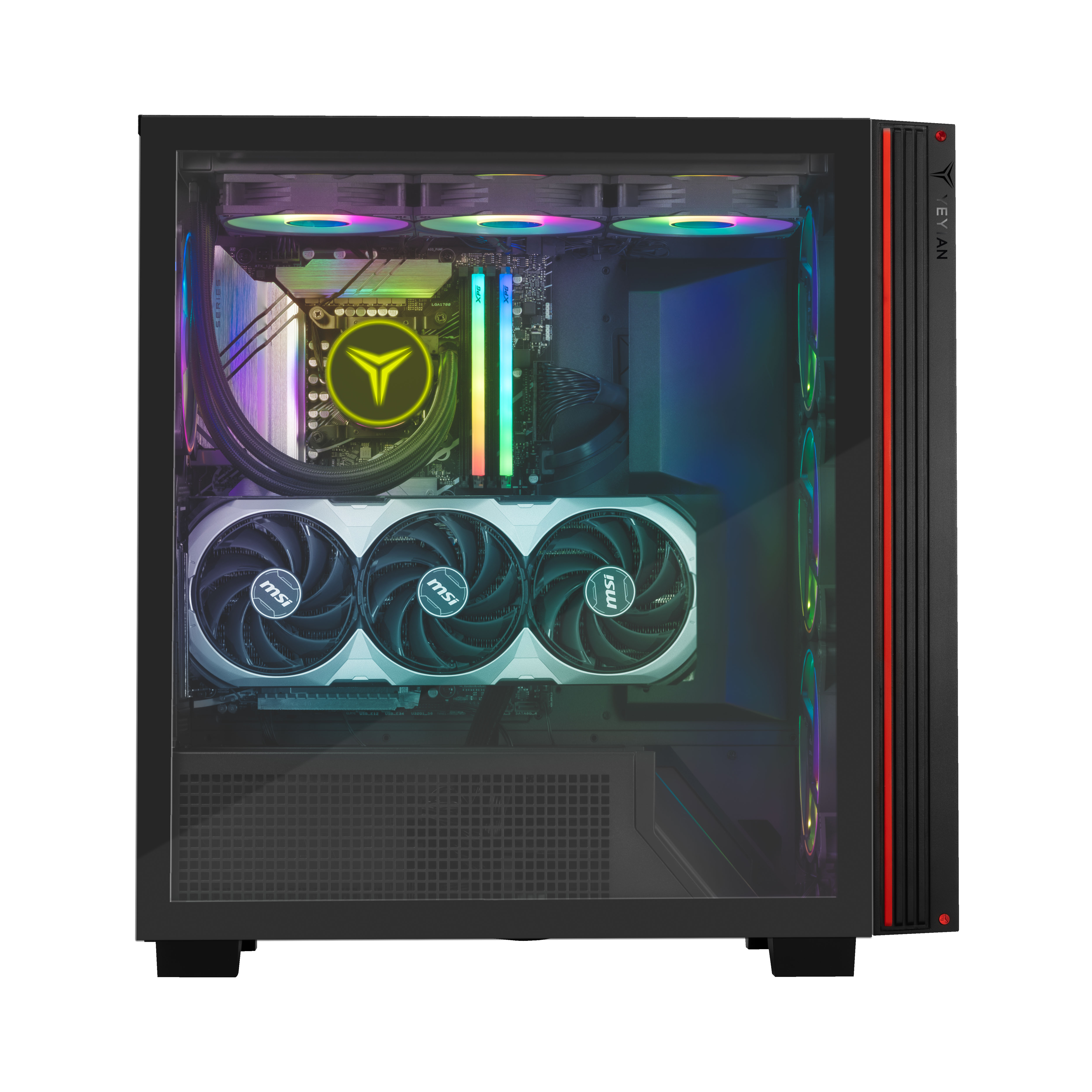 Un case per computer con componenti visibili attraverso un pannello laterale in vetro, con luci LED.