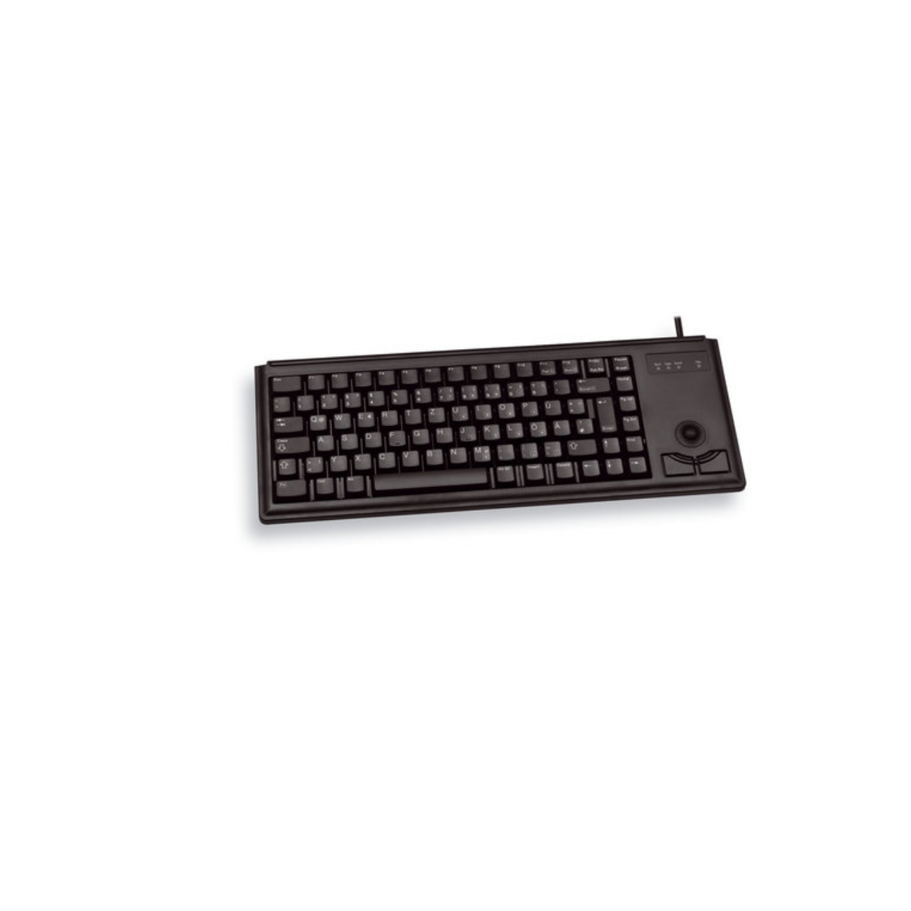 Tastiera per computer nera con trackball integrato.