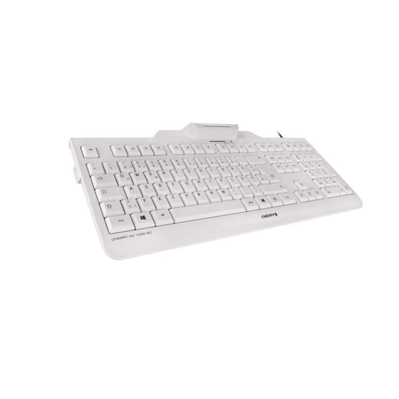 Weiße Tastatur mit schwarzen Tasten. CHERRY KC 1000 SC-Etikett.