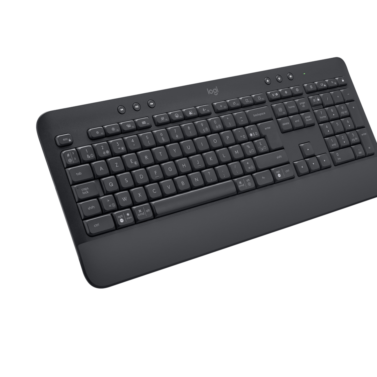 Czarna klawiatura Logitech. Jest pochylona, a klawisze są widoczne.