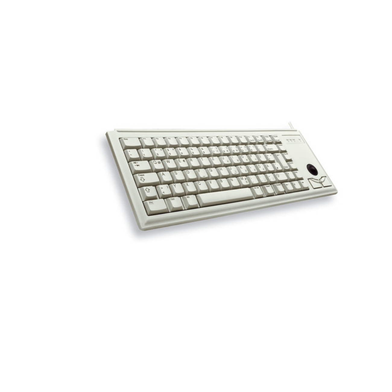 Una tastiera color crema con trackball. Ha un layout completo con tastierino numerico.
