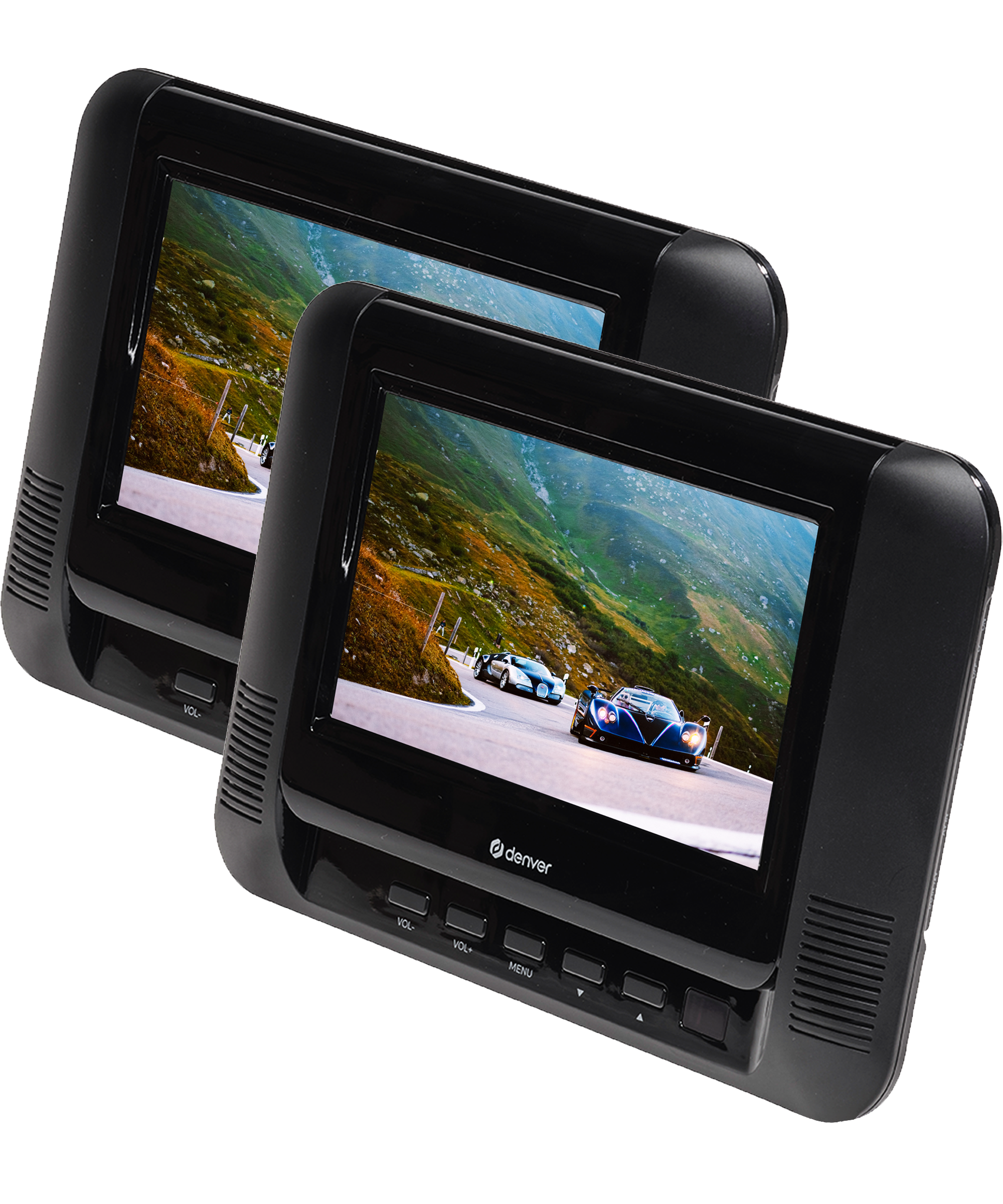 Two portable DVD players, black, displaying a road with cars. They have volume and menu buttons.