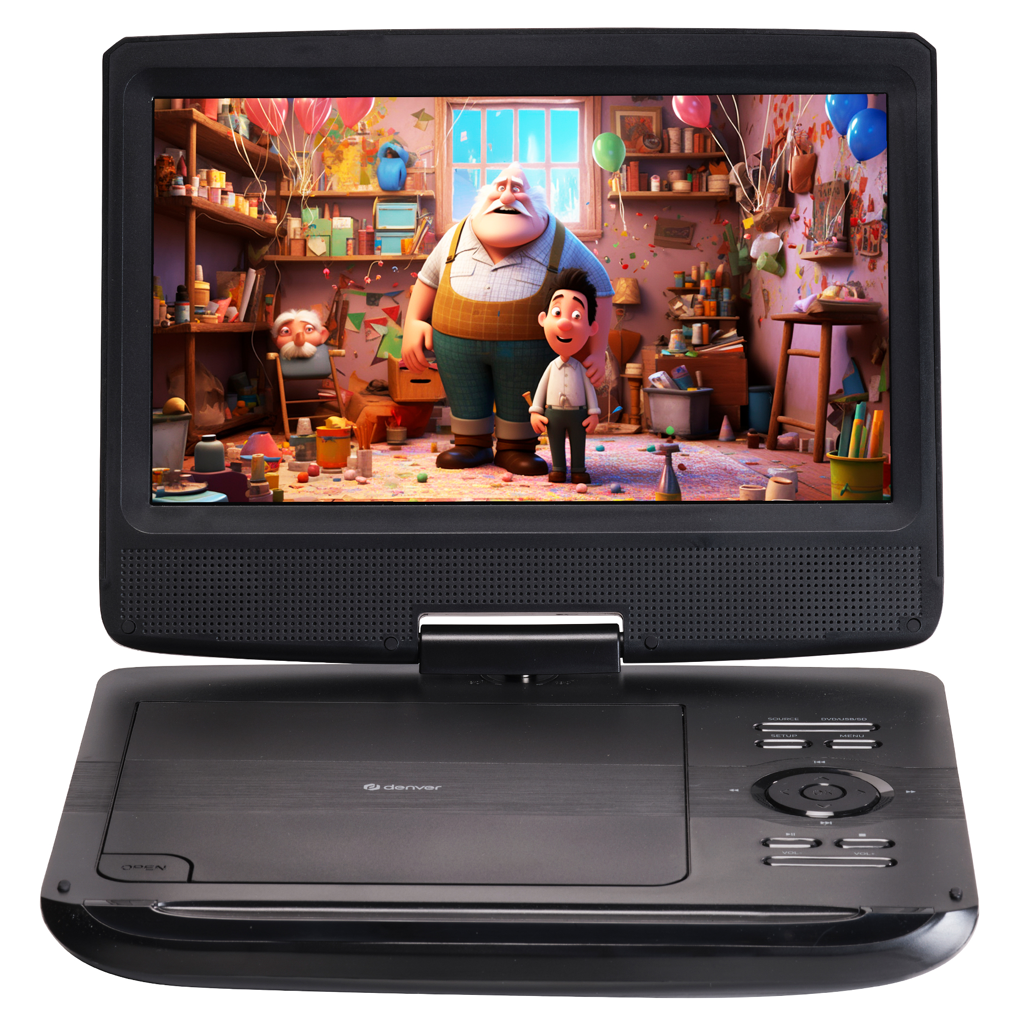 Czarny przenośny odtwarzacz DVD z sceną z kreskówki na ekranie.