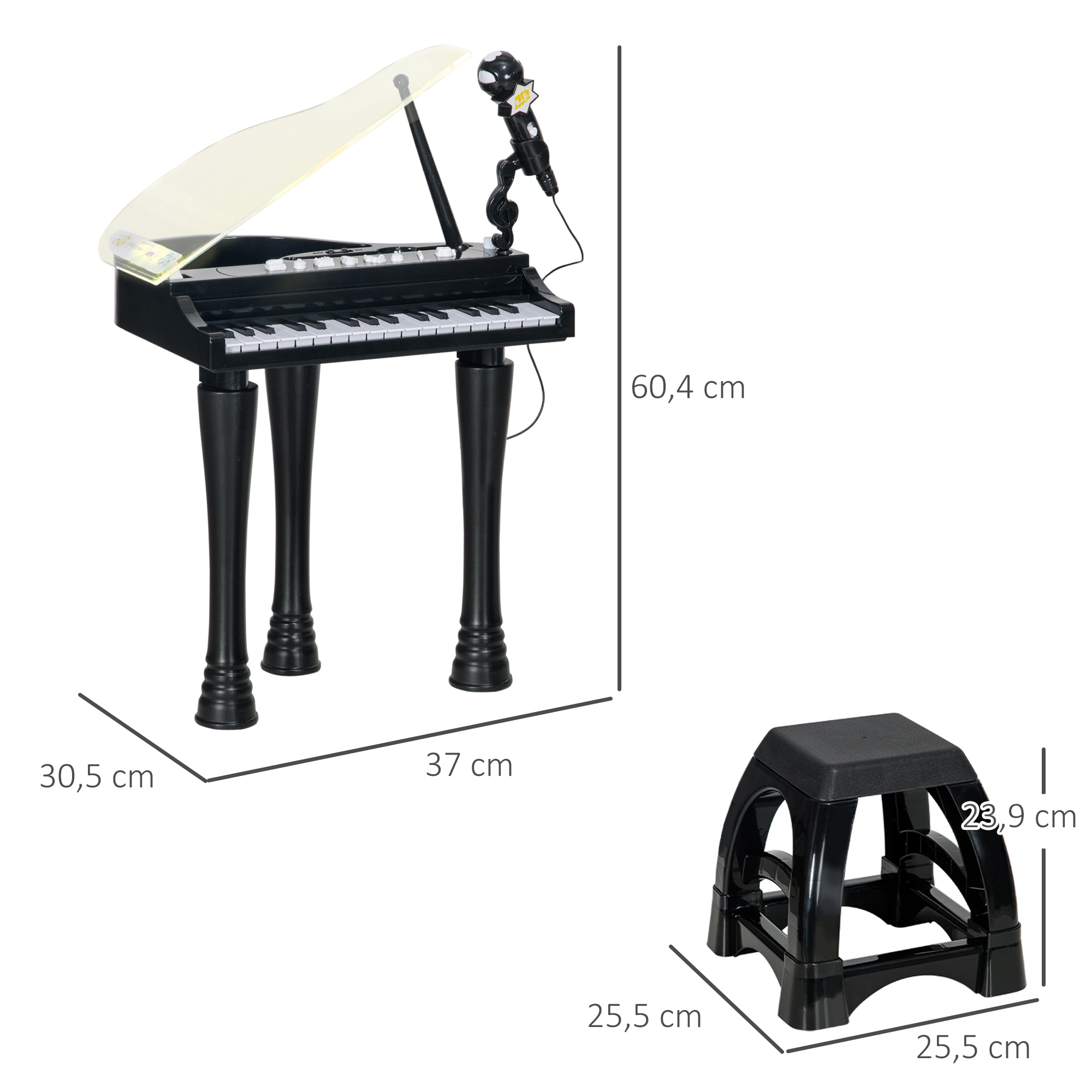 Piano y taburete de juguete negros. Piano tiene micrófono y dimensiones. Taburete muestra dimensiones.