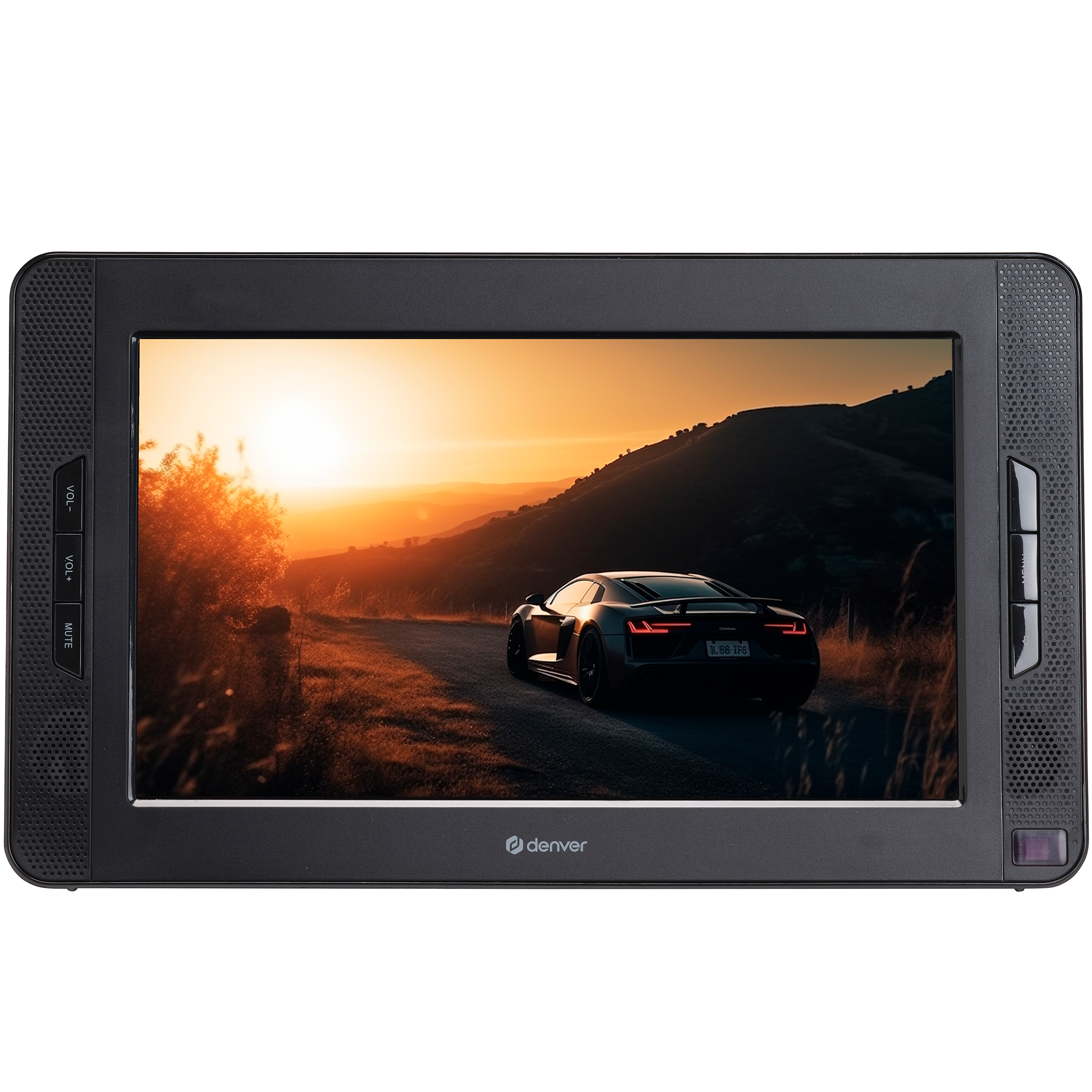A black portable DVD player displaying a sunset scene.