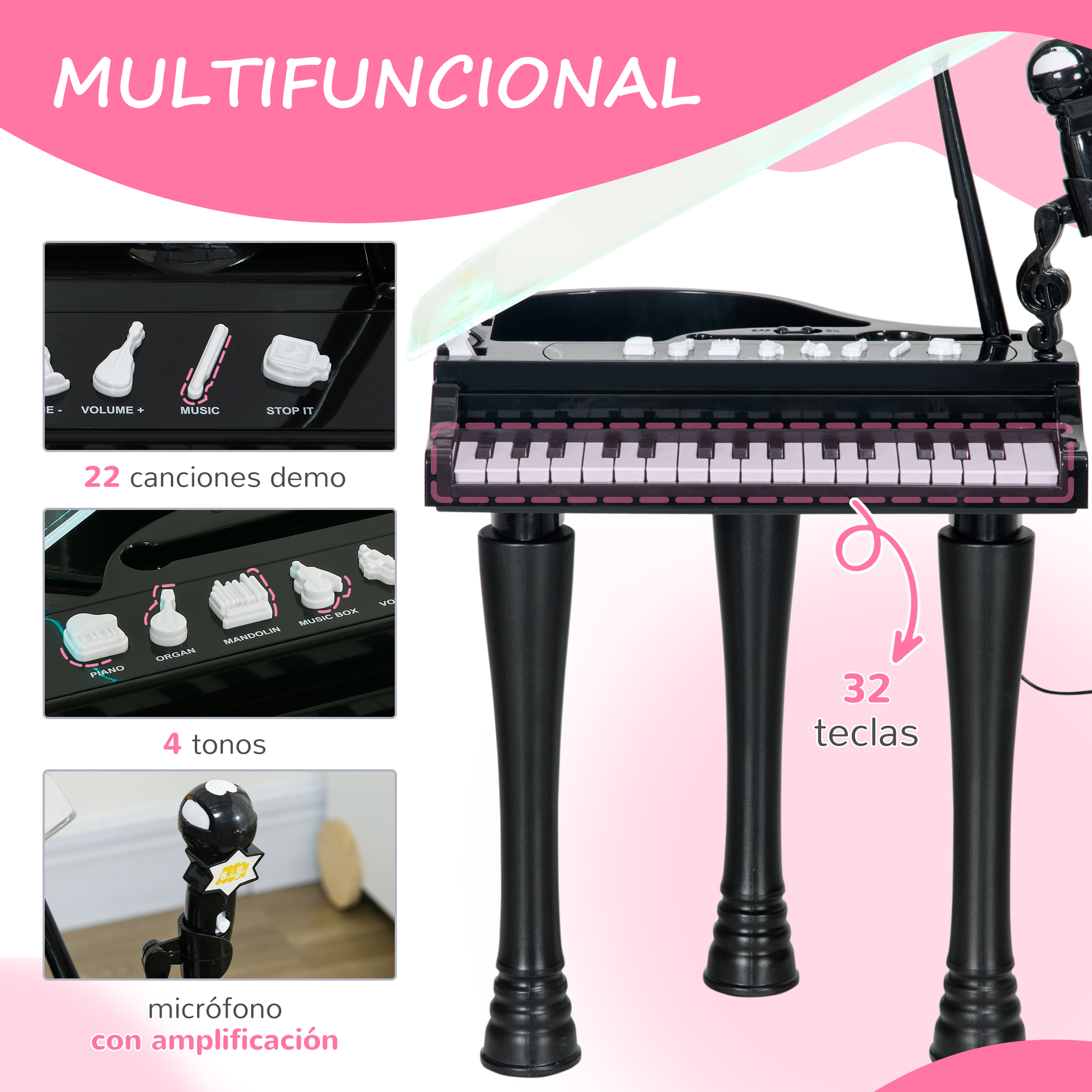 Piano de juguete con teclado, micrófono y panel de control, texto 'Multifuncional'.