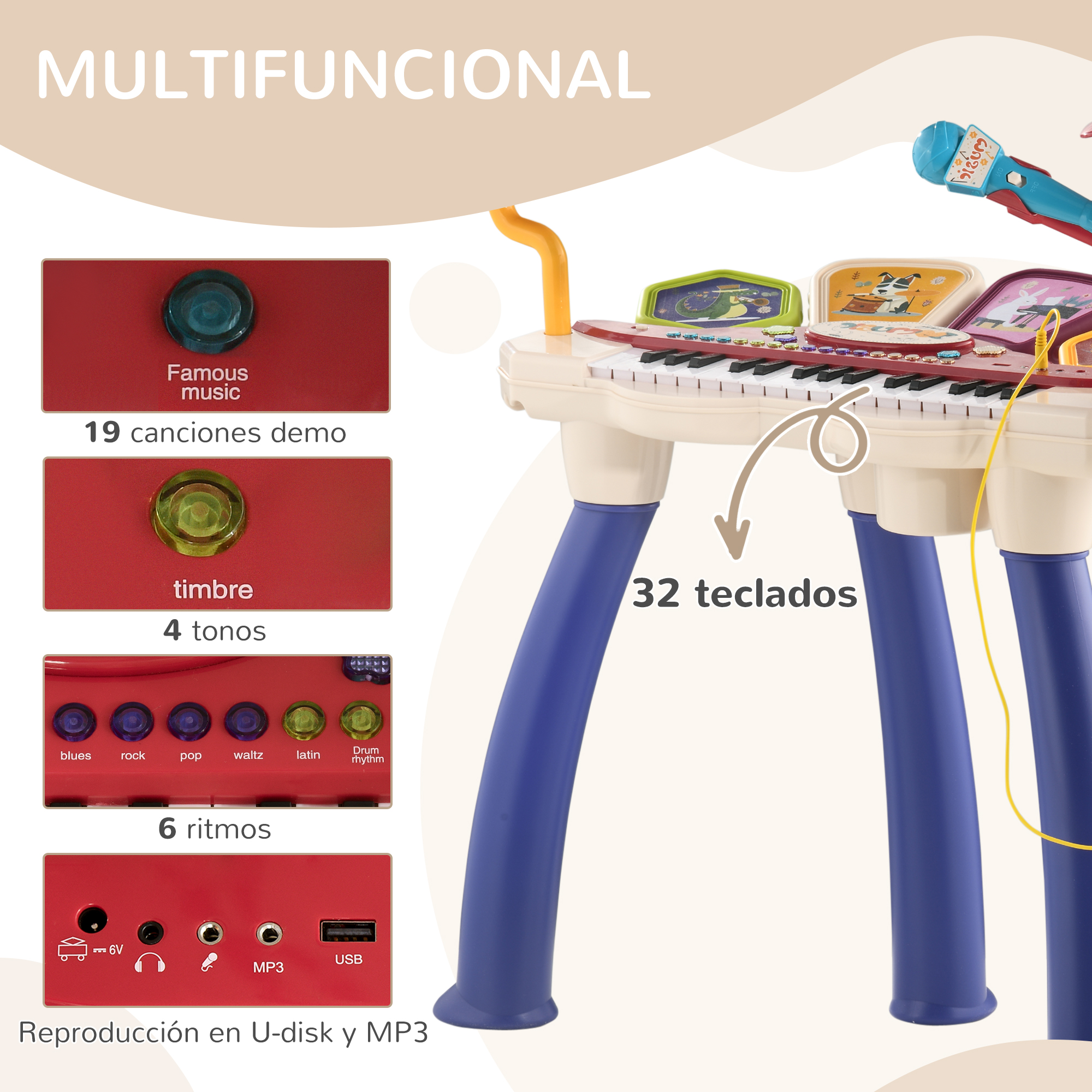 Un juguete musical con teclado, botones y un micrófono.