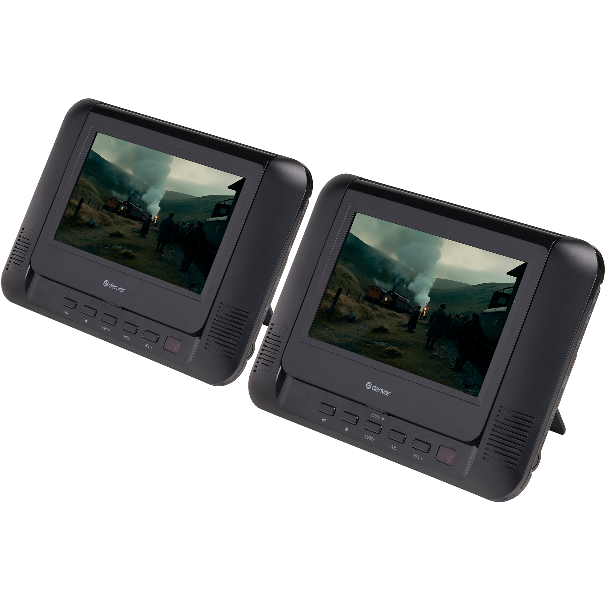 Two black portable DVD players. Each screen shows a film scene.