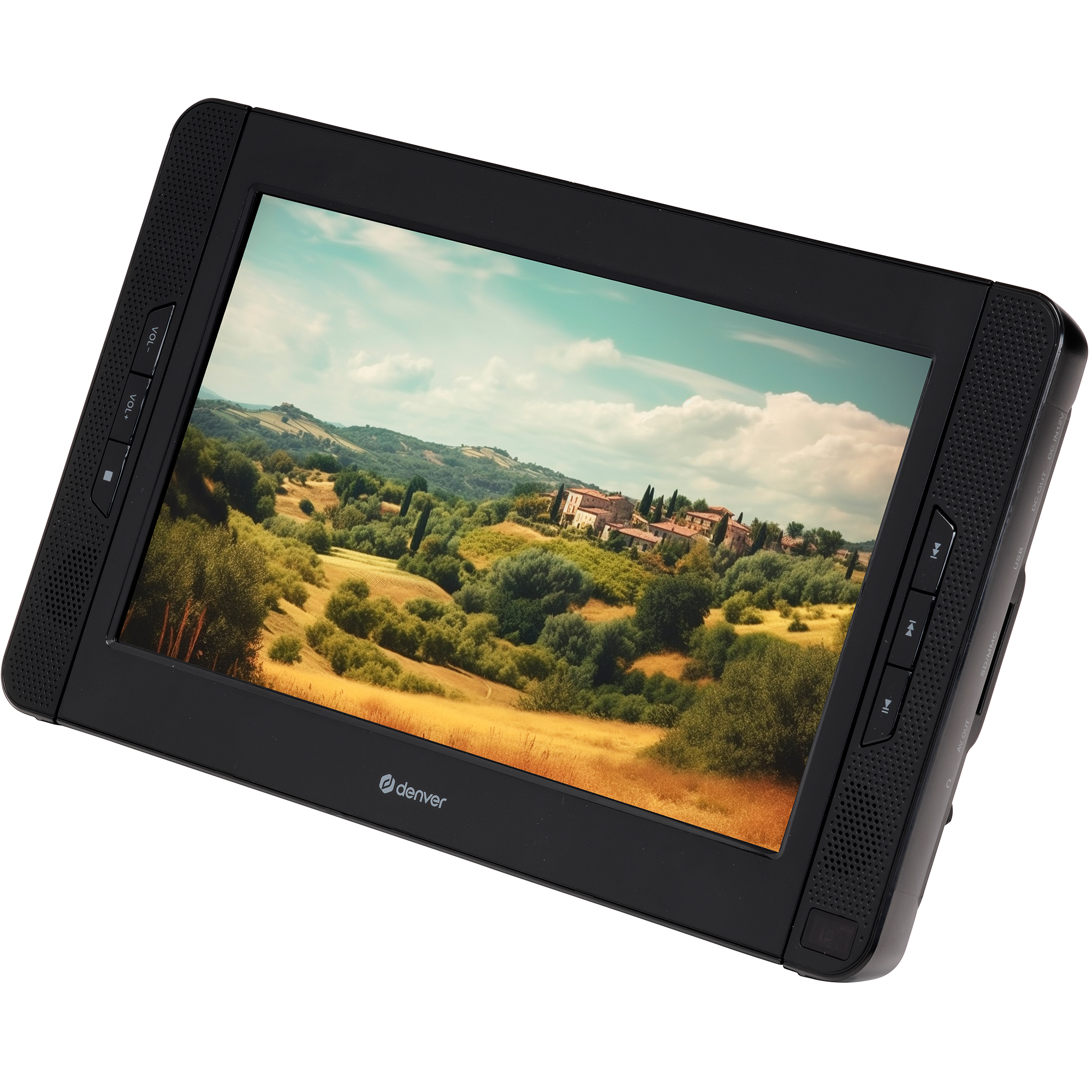 Black portable DVD player showing a landscape.