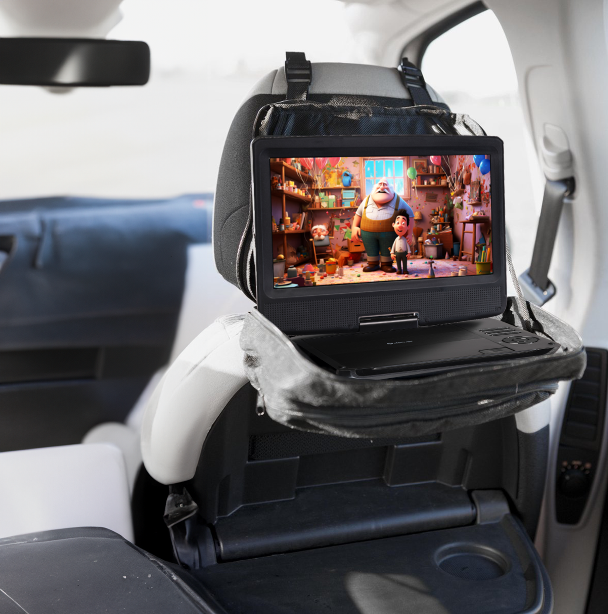 Odtwarzacz DVD z kreskówką, zamontowany na zagłówku samochodu. Siedzenie i zagłówek są szare.