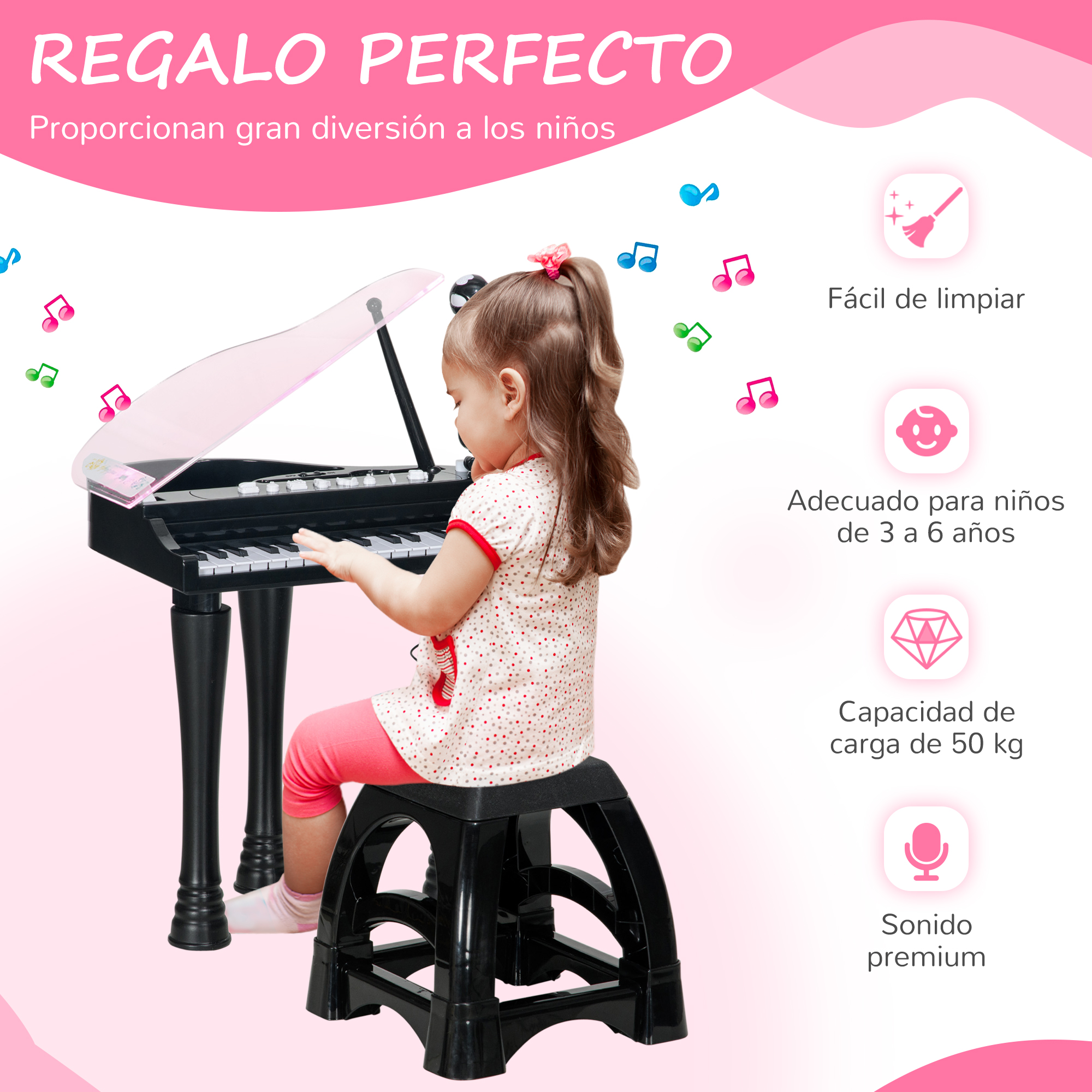Una niña pequeña toca un piano negro. El texto dice 'Regalo perfecto' y describe características amigables para niños.