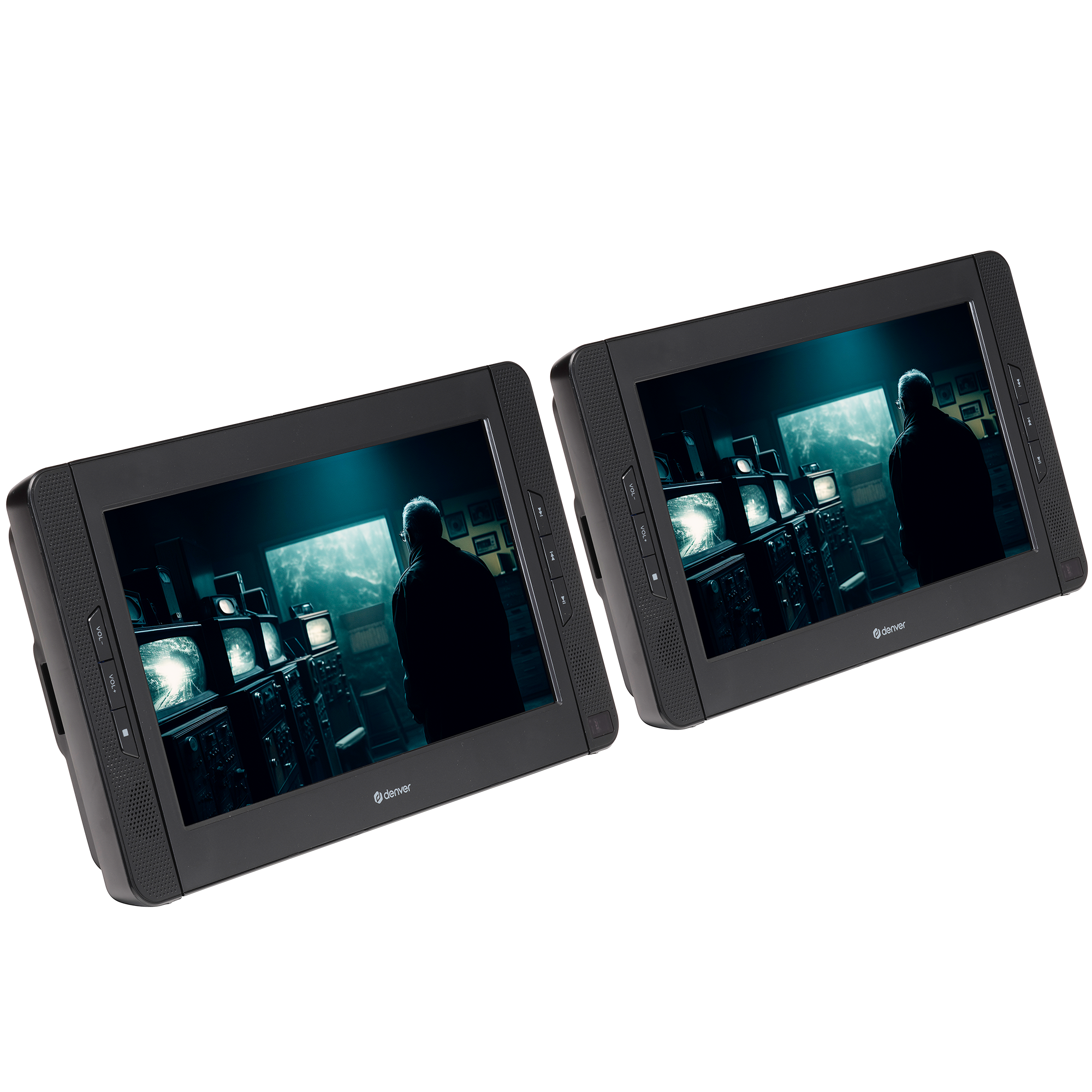 Two black portable TVs, displaying TV content with a person in the background.
