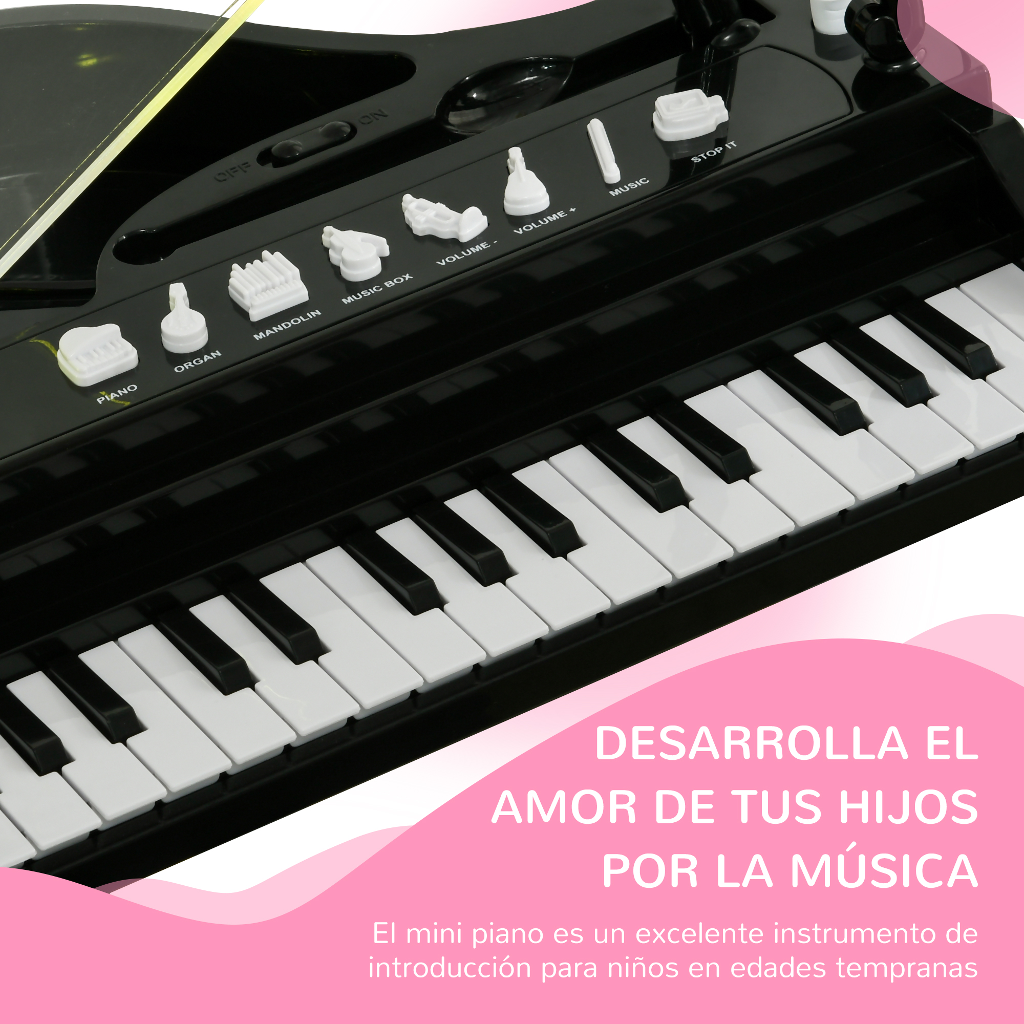 Un piano de juguete negro con teclas blancas y botones de control. Texto en español sobre educación musical.