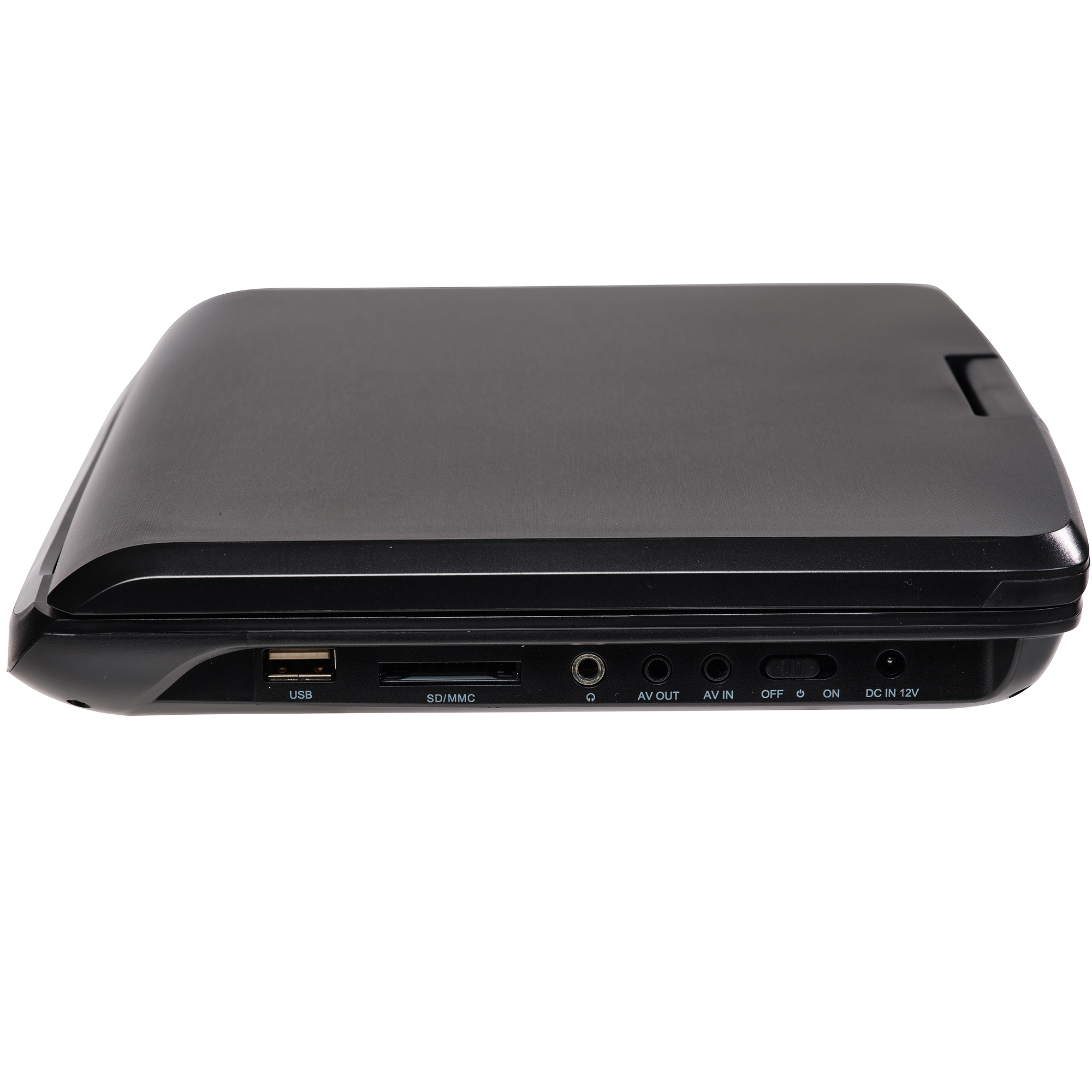 Czarny odtwarzacz DVD z różnymi portami wejścia/wyjścia i przyciskami sterowania.