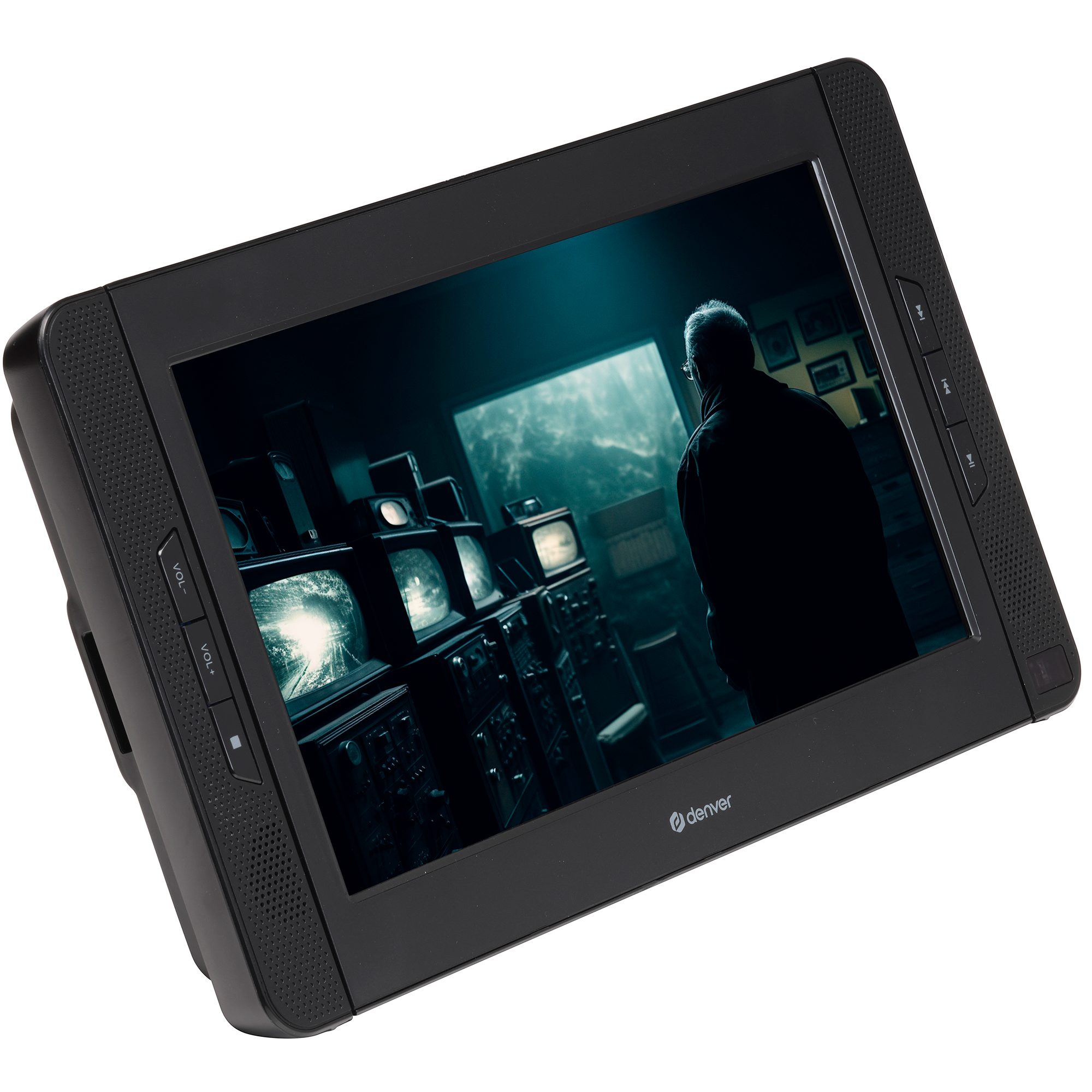 Black portable DVD player showing a screen with an old TV display. The player is angled.
