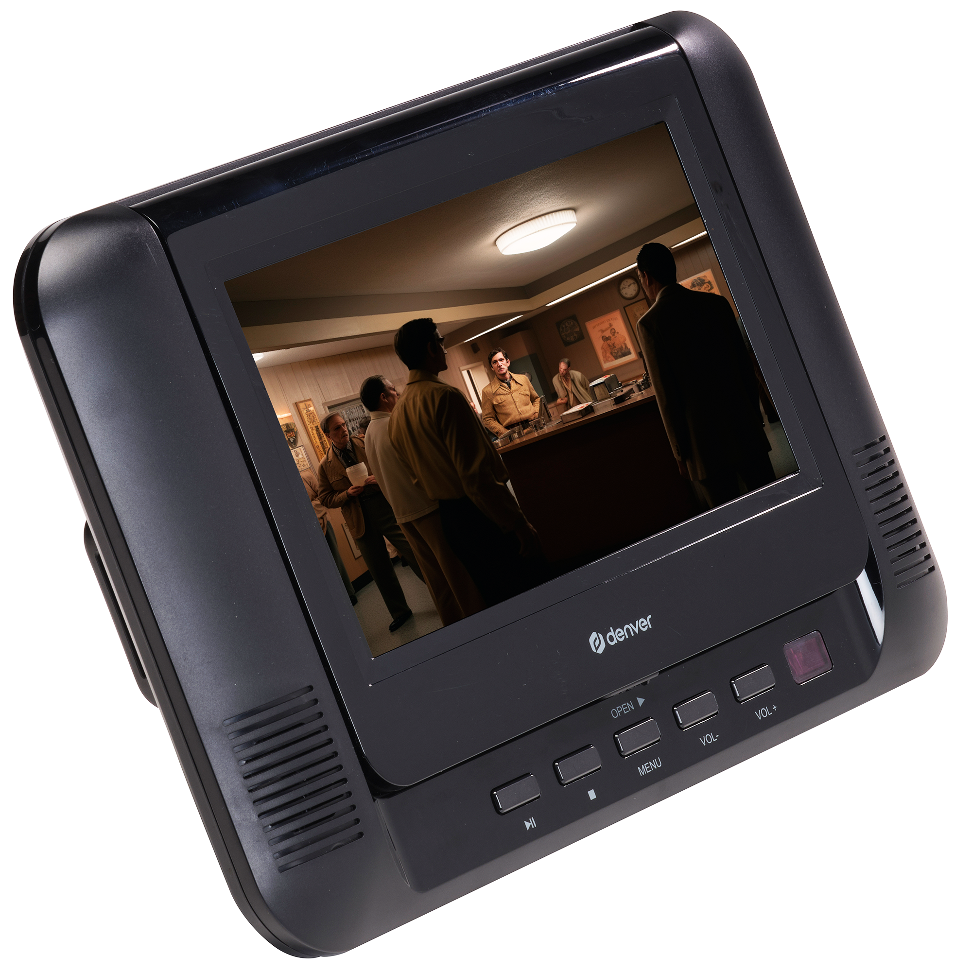 A black portable DVD player is displaying a movie scene with people in a room.