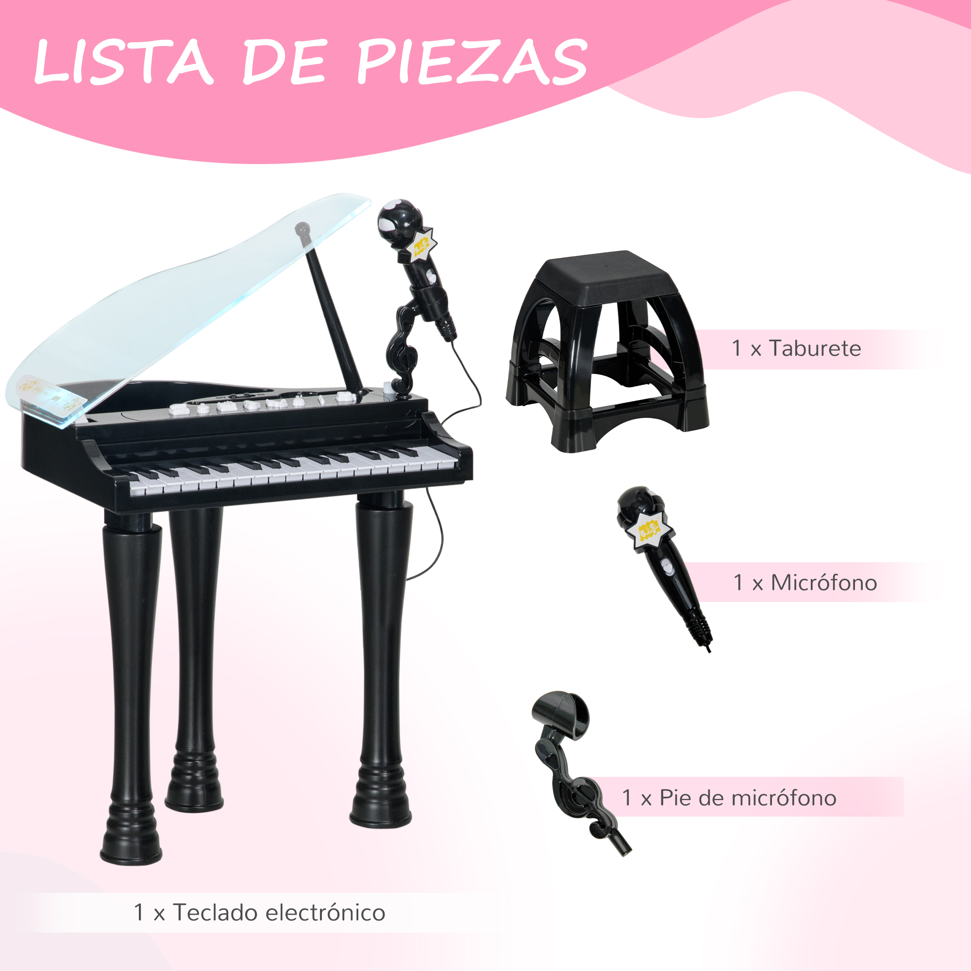 Un piano de juguete con micrófono, taburete y soporte. La imagen tiene un fondo rosa.