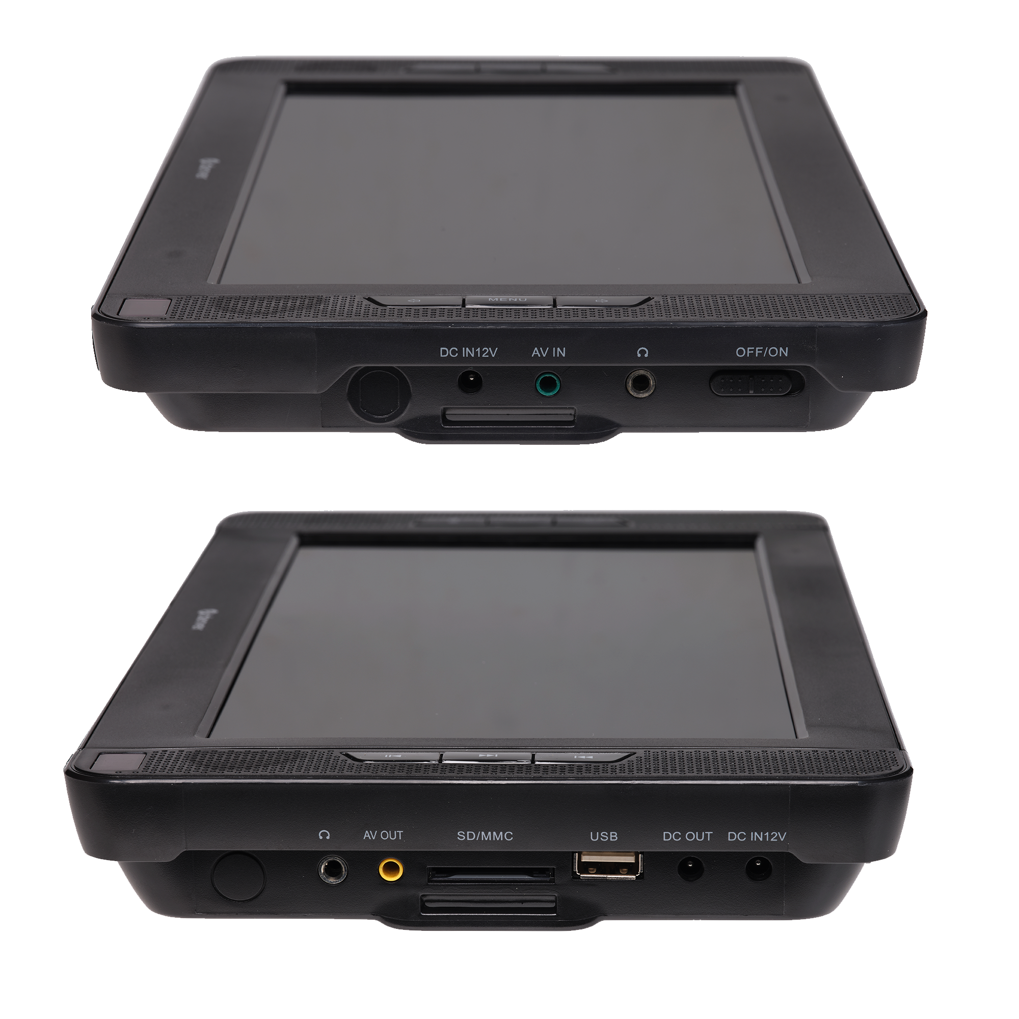 Two black portable DVD players. Buttons and ports visible.