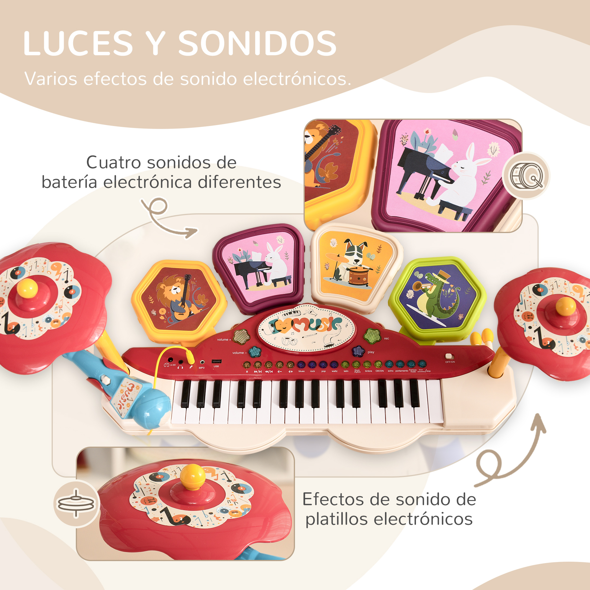 Piano de juguete infantil con notas musicales e instrumentos. Fondo claro.