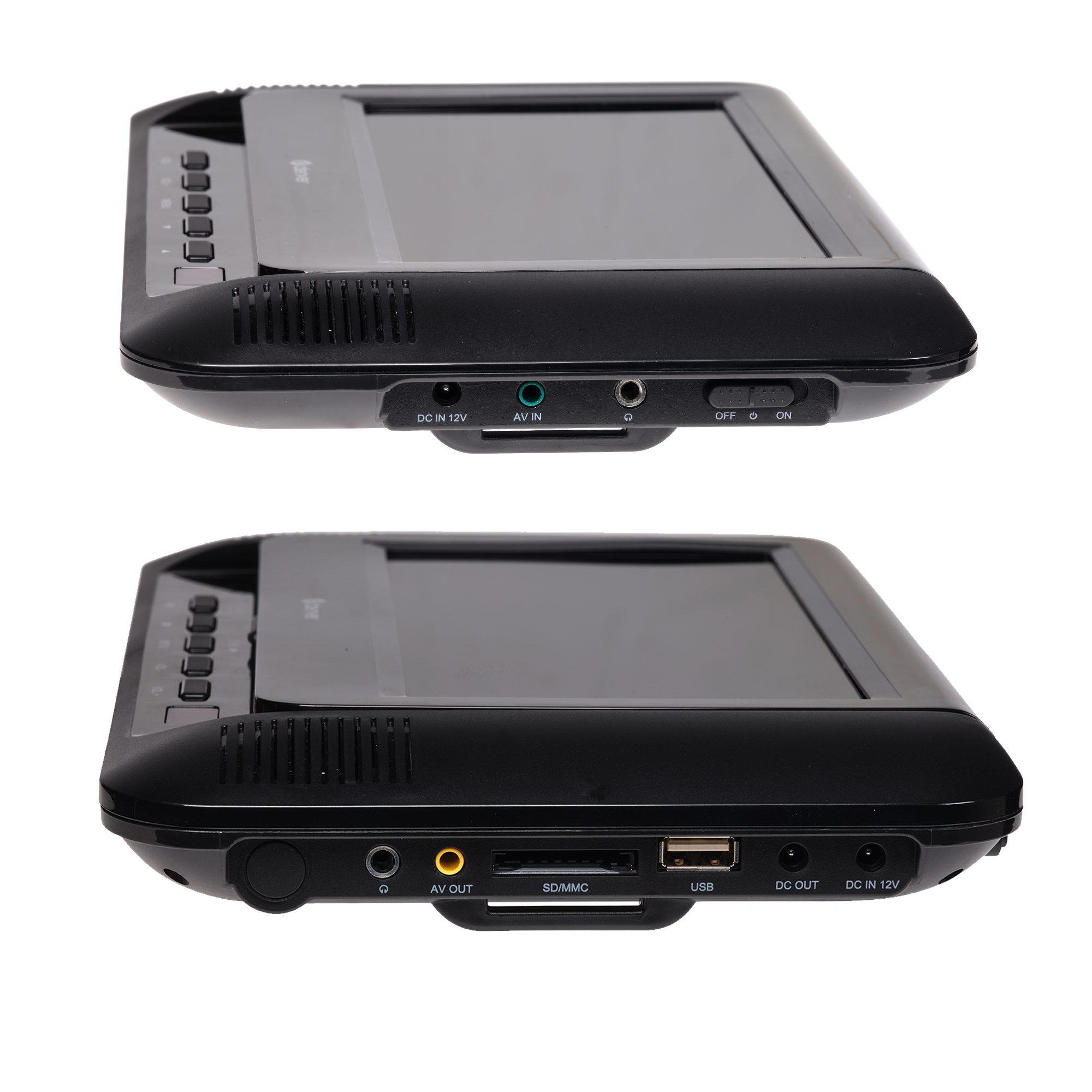 Two views of a black portable DVD player. Ports and buttons visible.