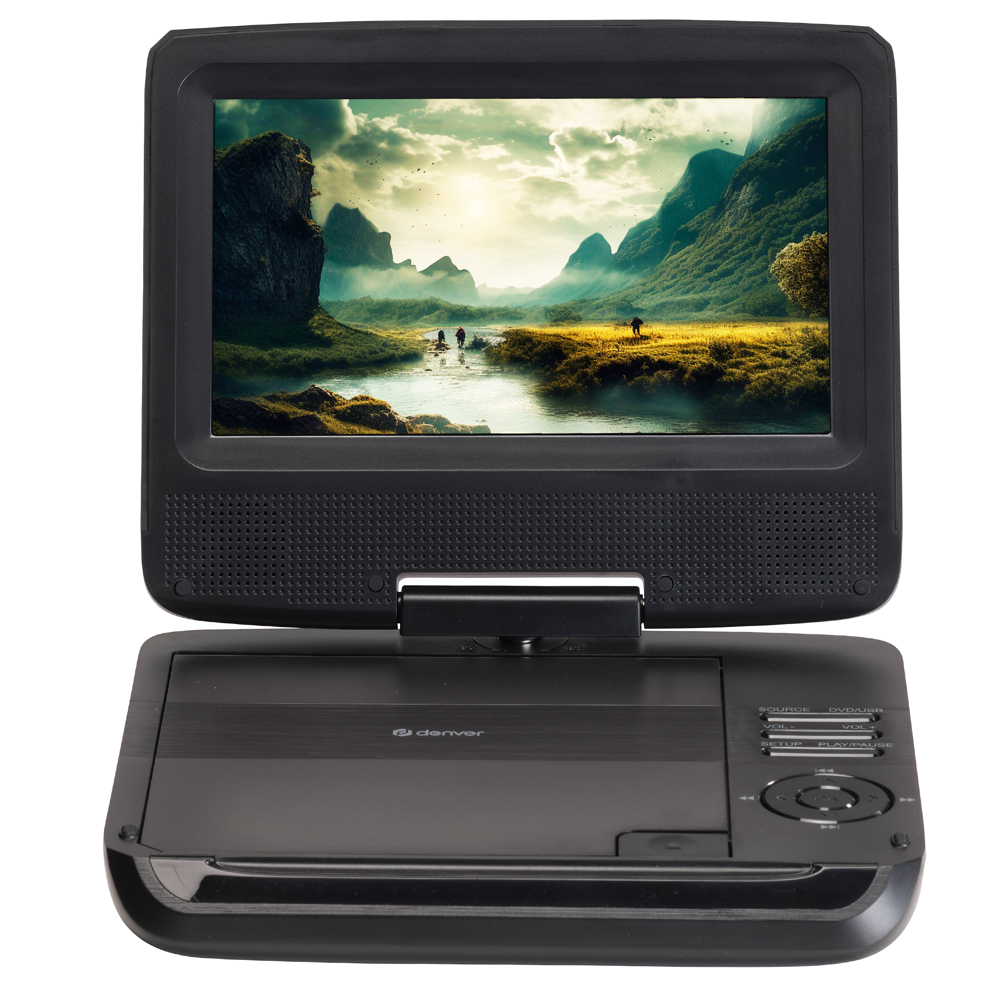A black portable DVD player displays a landscape with a river and mountains.