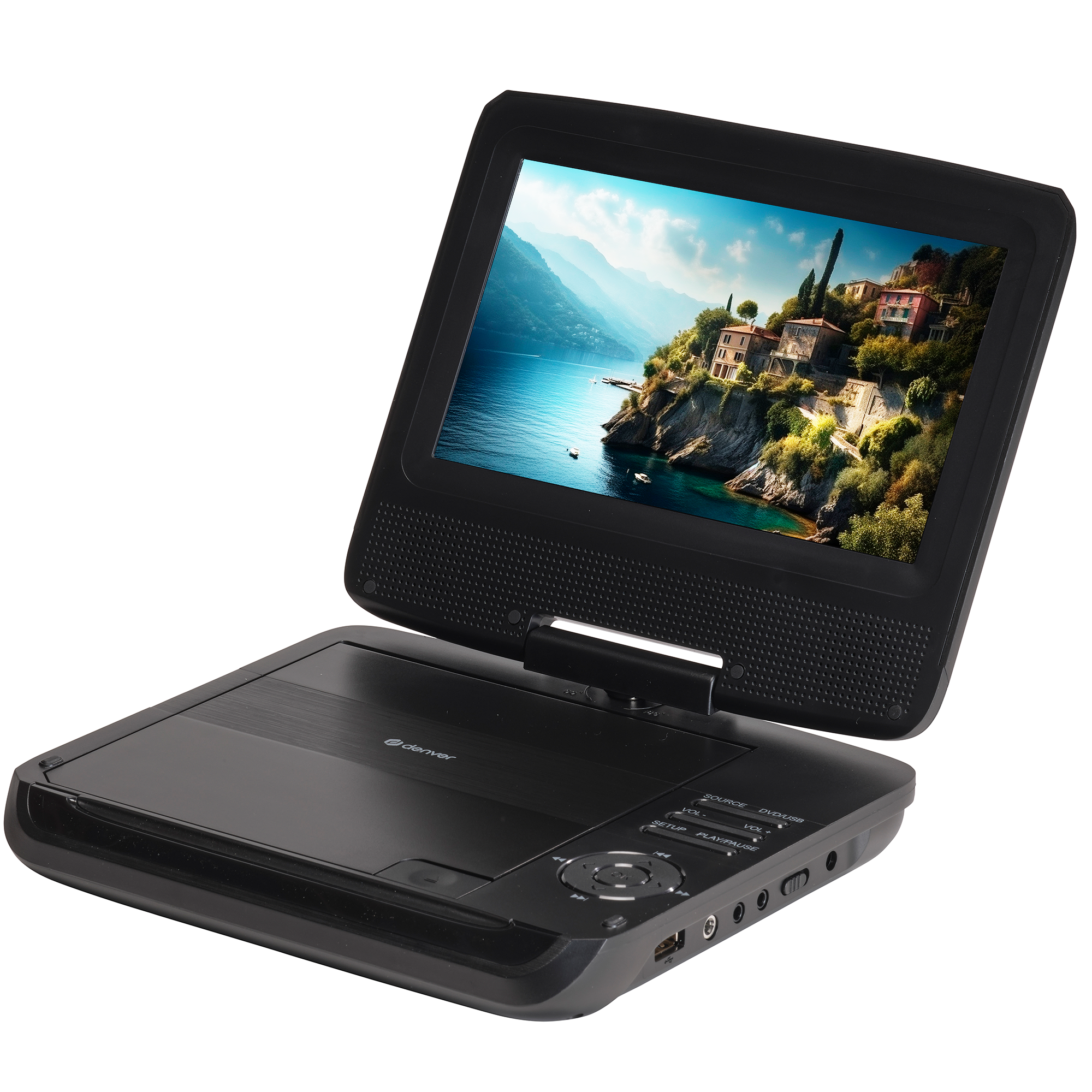 Black portable DVD player, open, displaying a coastal scenery on the screen.