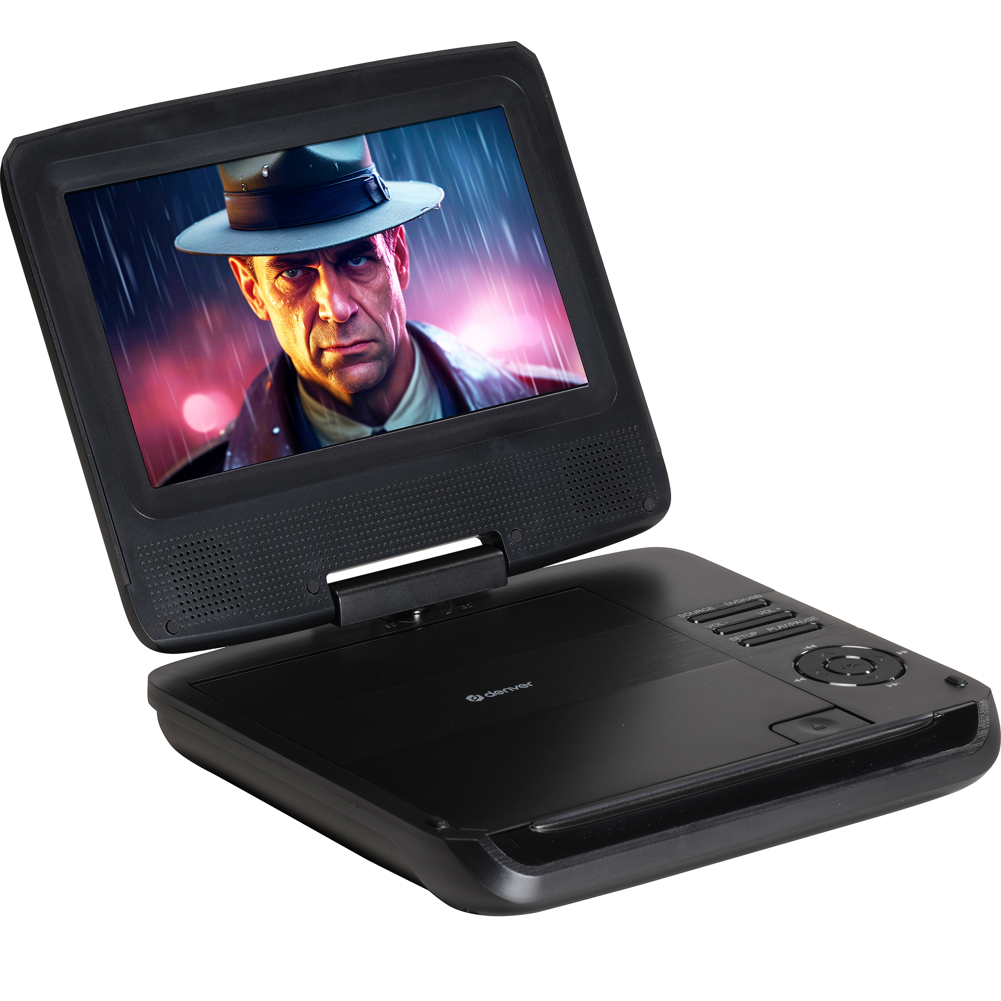A portable DVD player with a screen showing a man in a hat.