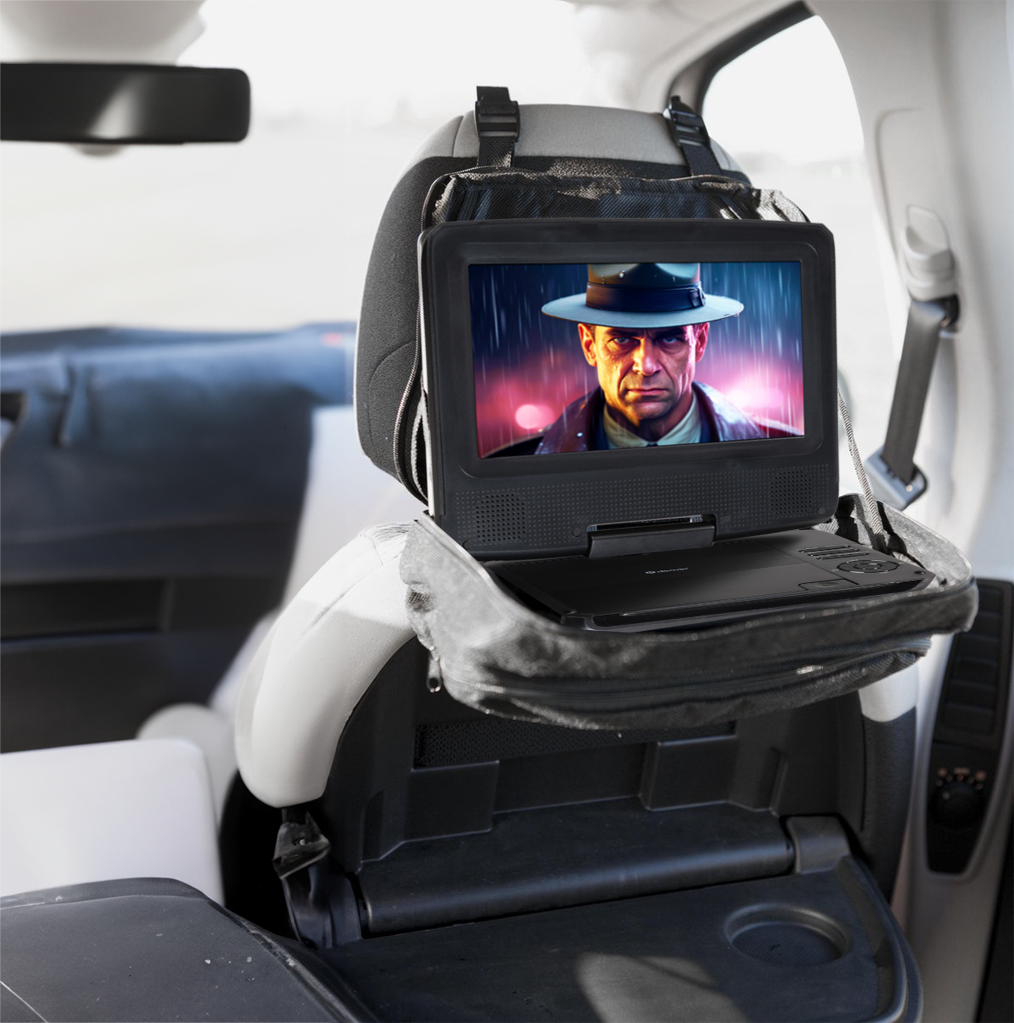 Car interior with a screen showing a man with a hat. The background is blurred.