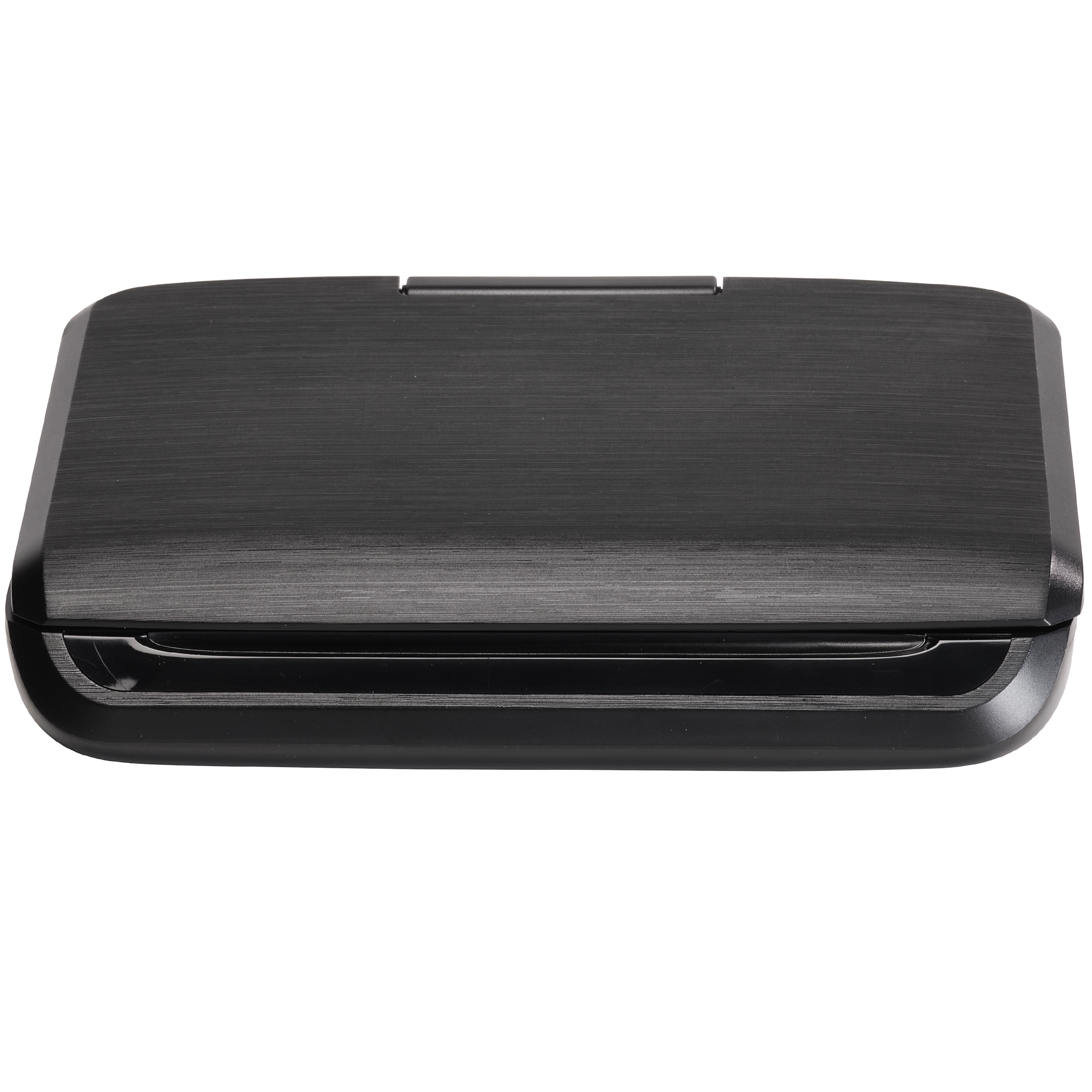 Black portable DVD player closed, with a brushed metal finish.