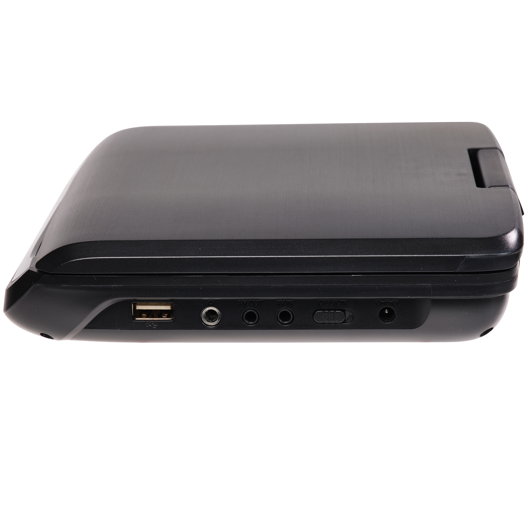 A black portable DVD player, showing the ports and buttons.
