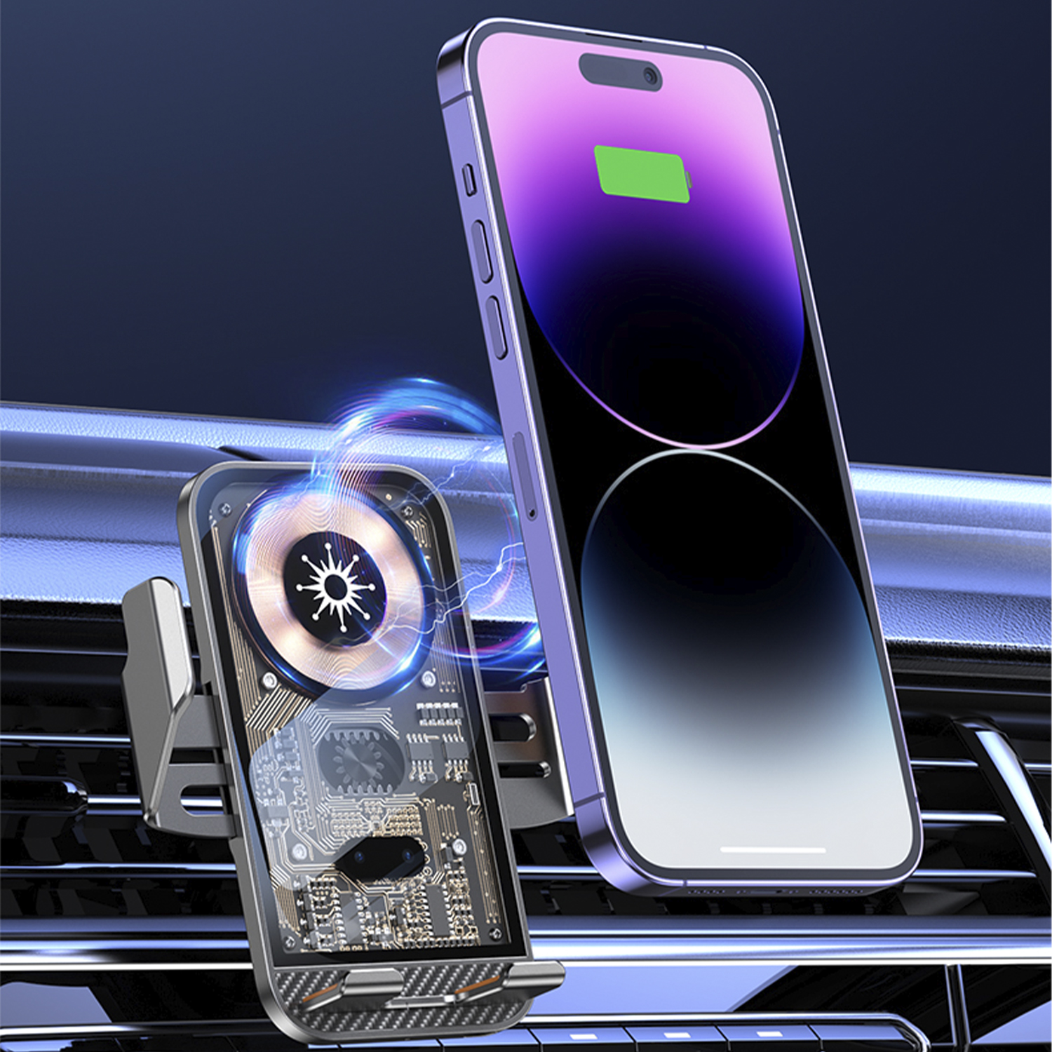 Un telefono in carica su un supporto per bocchetta dell'auto. Il telefono è viola.