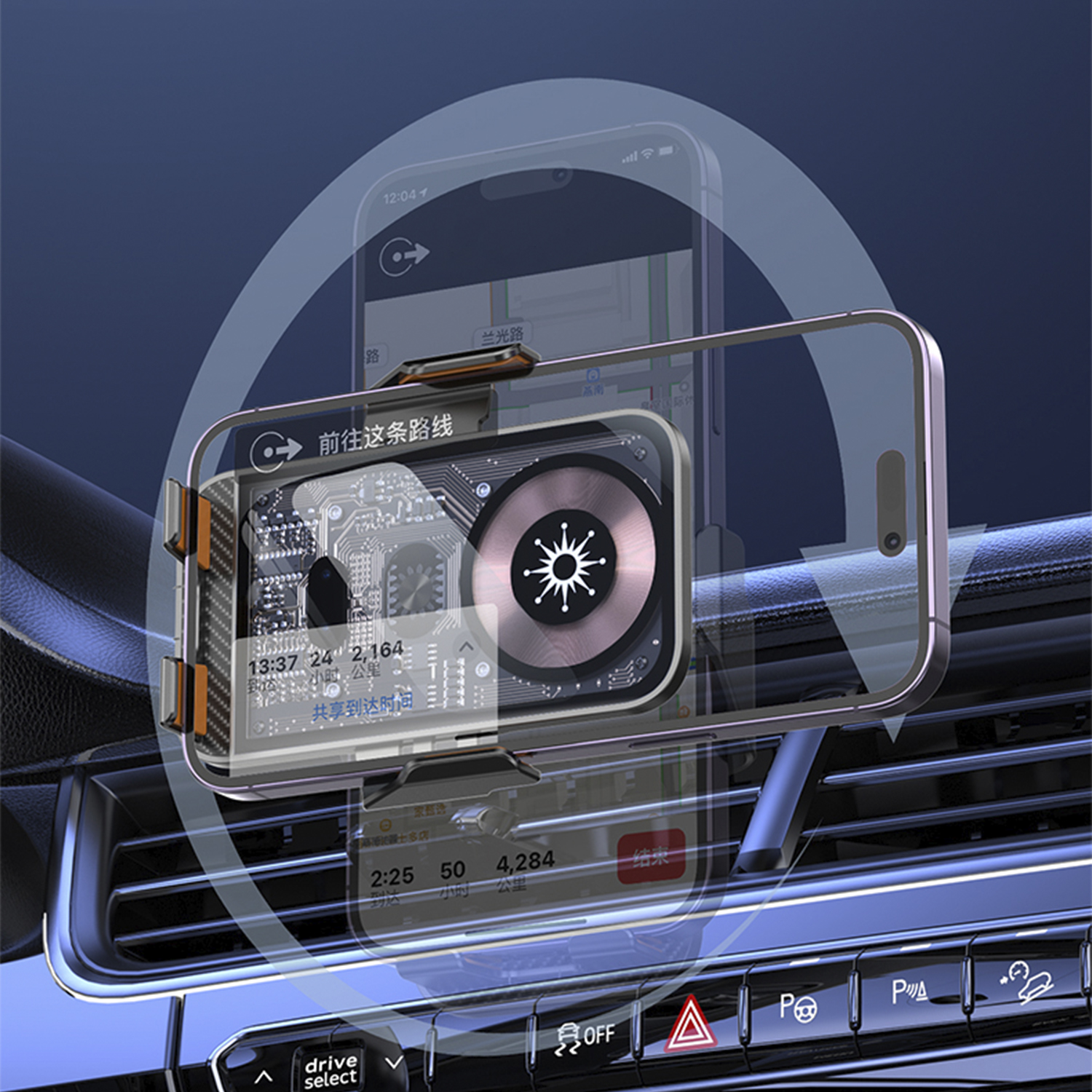 Supporto per telefono da auto con telefono che mostra una mappa. Telefono montato sul cruscotto.