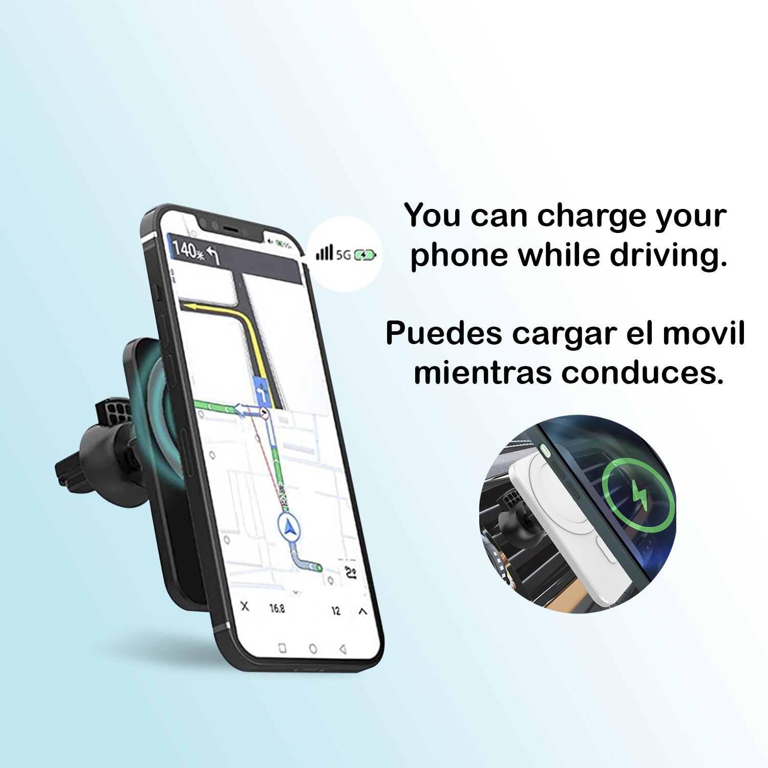 Smartphone montado en una rejilla de ventilación del coche, mostrando un mapa. Otro teléfono muestra un símbolo de carga inalámbrica.