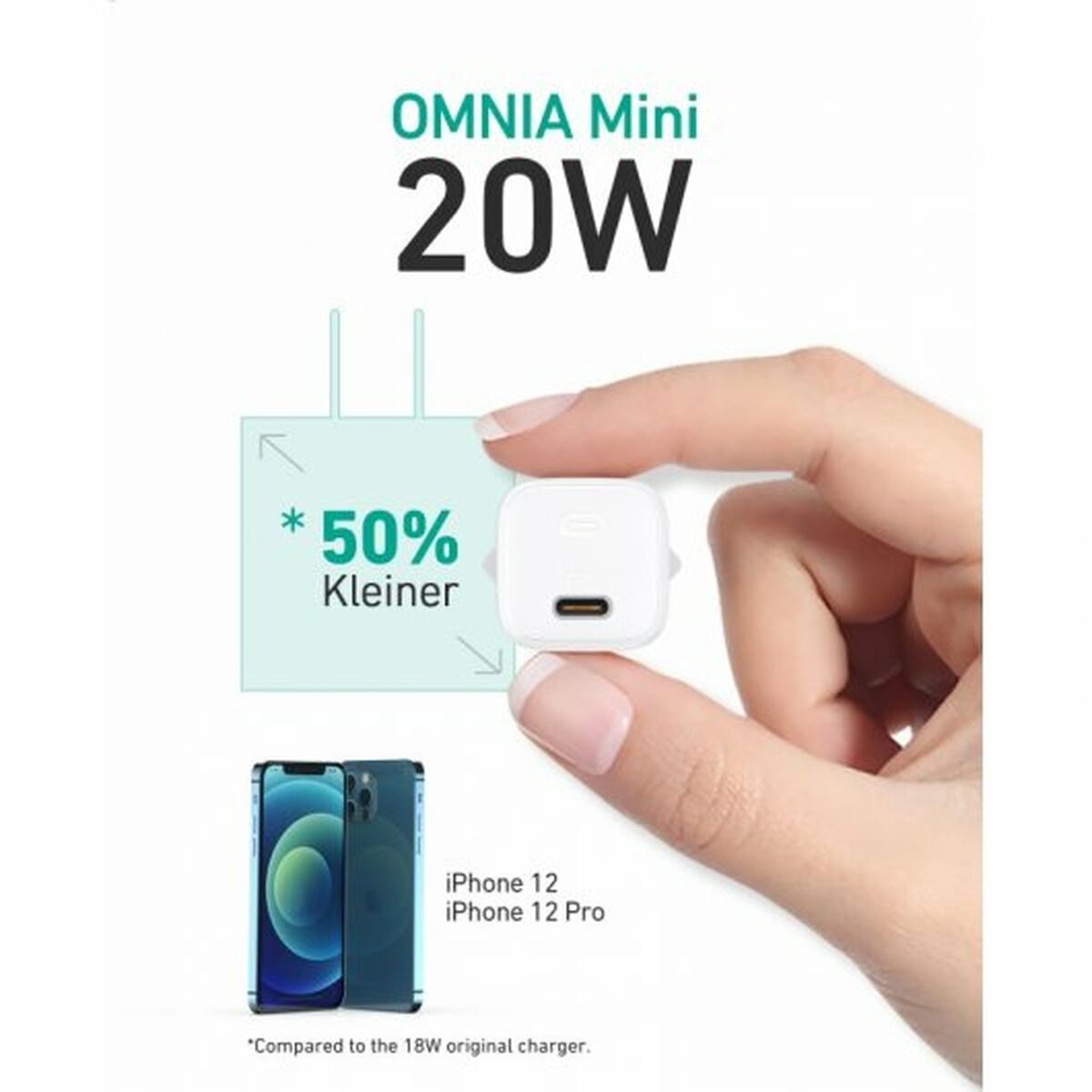 Un cargador blanco con un puerto USB-C y dos teléfonos, con un fondo blanco.