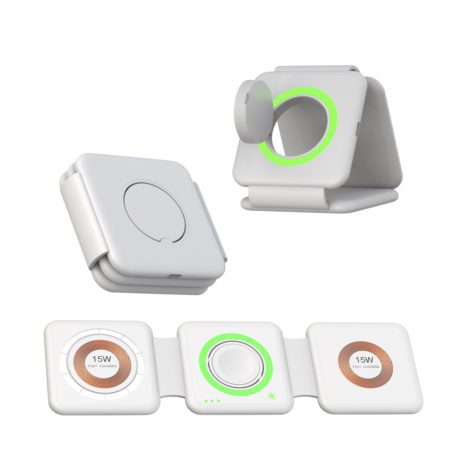 Caricatori wireless bianchi. Due piegati e uno aperto con una luce verde. Sfondo bianco.