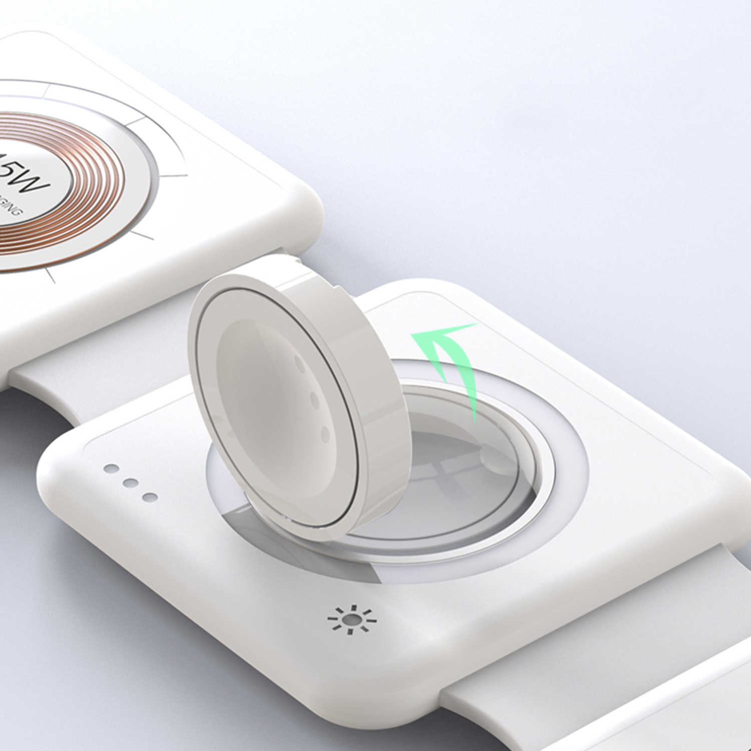 Caricatore wireless bianco con orologio in carica. Una freccia verde indica la direzione.