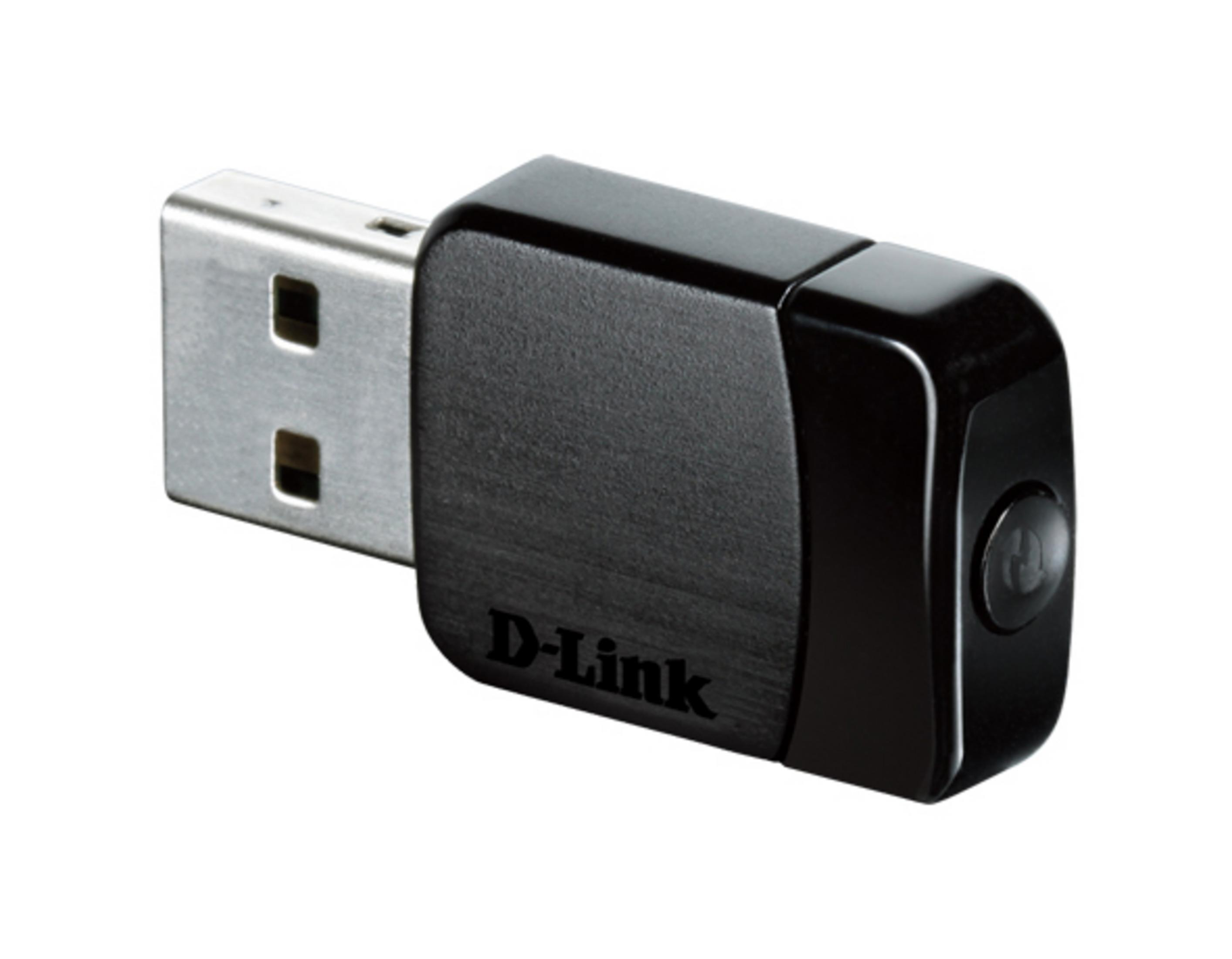 Adattatore Wi-Fi USB nero di D-Link. Il dispositivo è angolato su sfondo bianco.