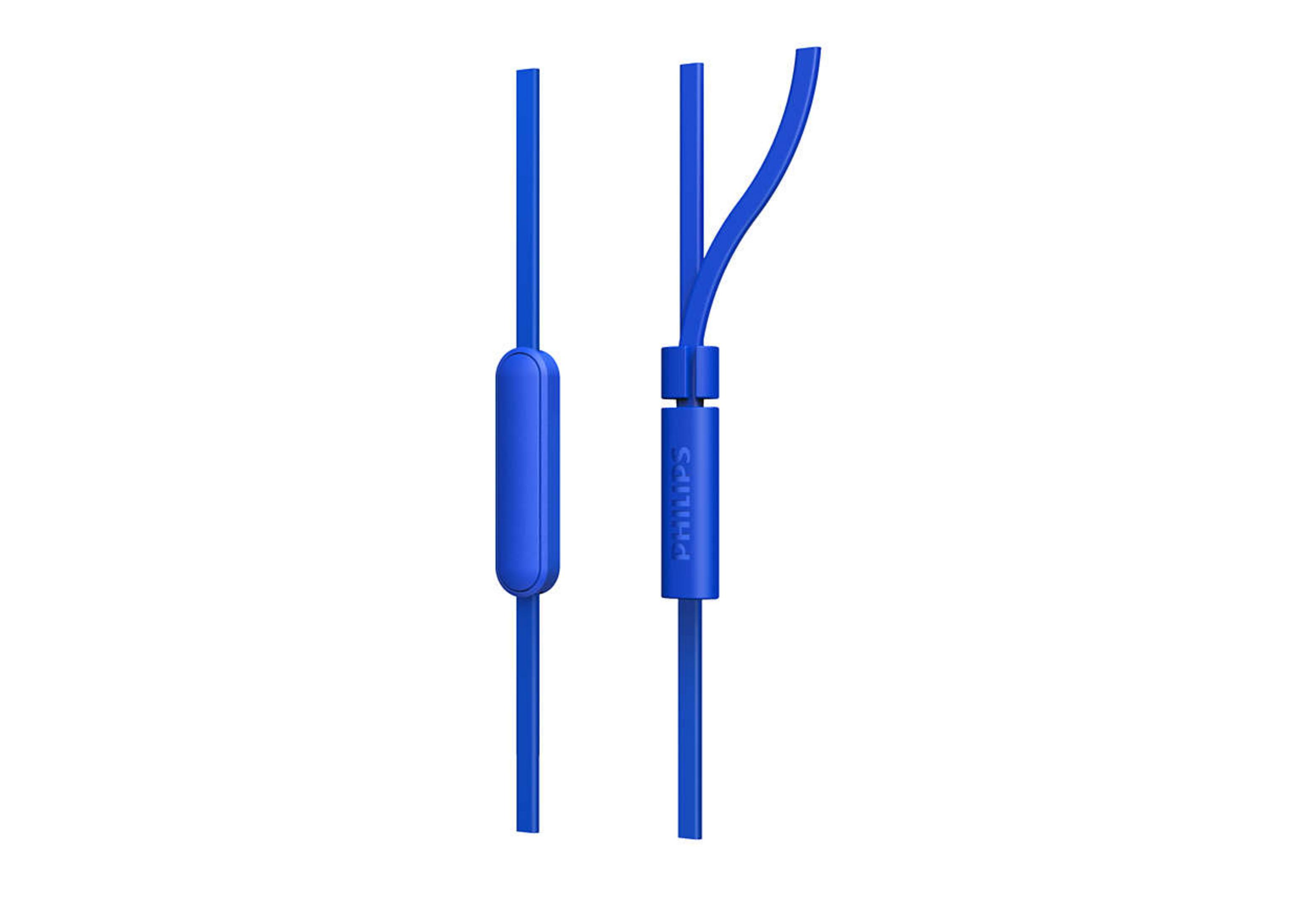 Zwei blaue Kopfhörerkabel mit einem Bedienknopf und einem Philips-Logo. Sie befinden sich auf weißem Hintergrund.