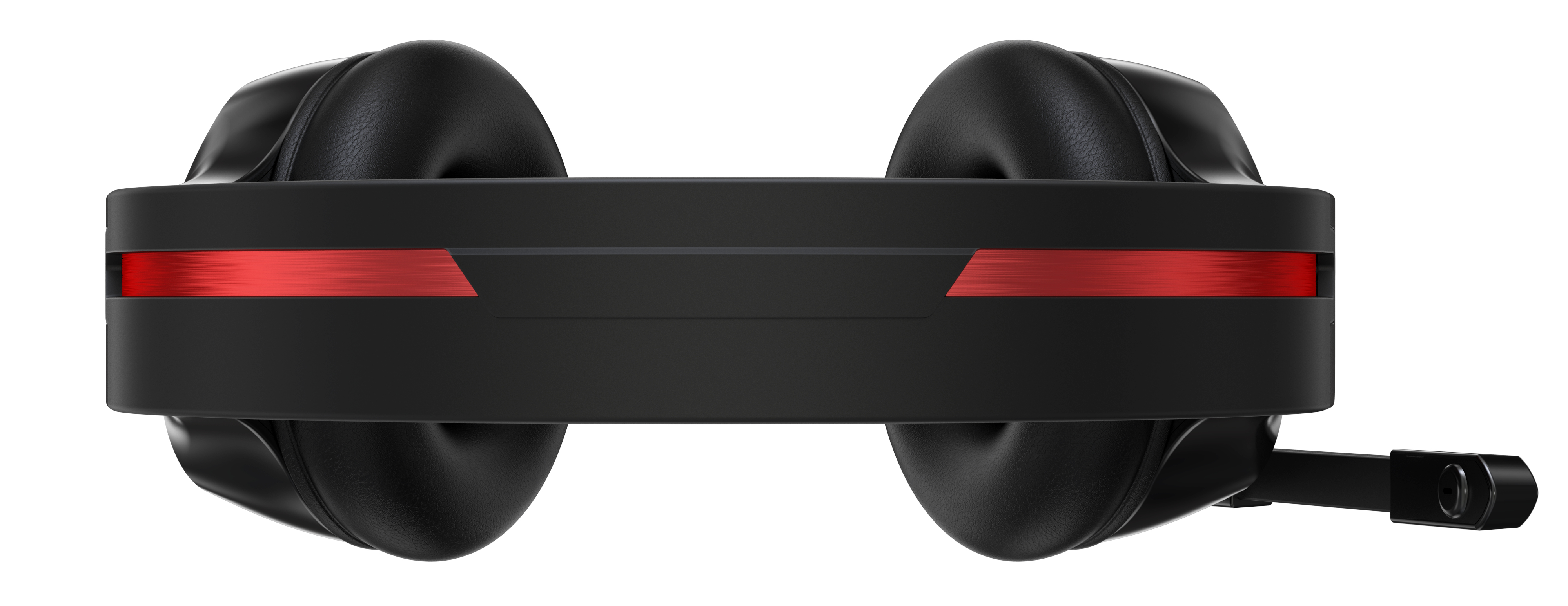 Czarne słuchawki do gier. Czerwony pasek na górze. Mikrofon z boku.