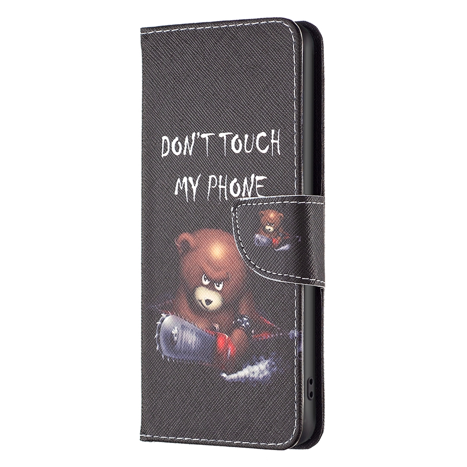 Eine Handyhülle mit einem Bärengrafik, die eine Kettensäge hält. Der Text auf der Hülle lautet 'DON'T TOUCH MY PHONE'.