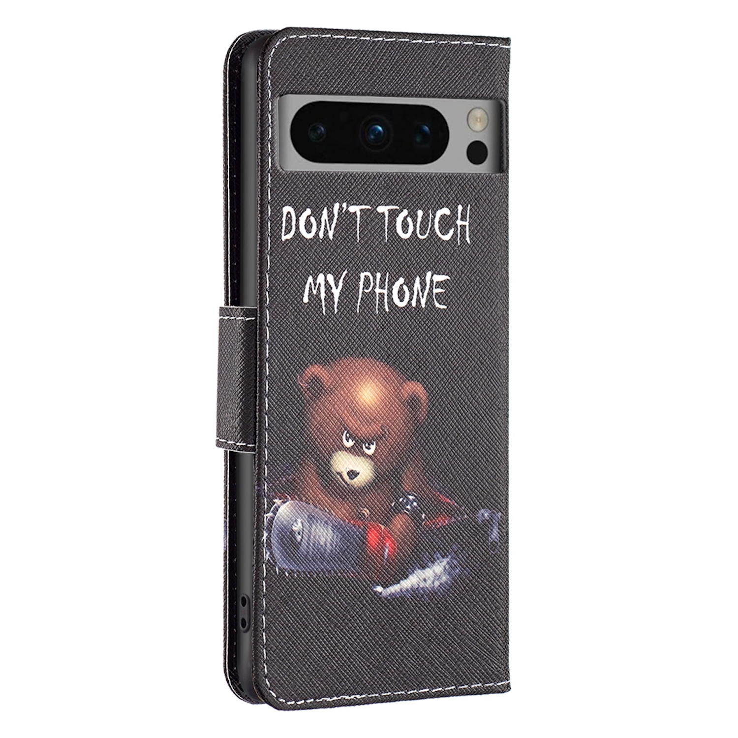 Eine Handyhülle mit einem Bären mit einer Waffe und dem Text 'DON'T TOUCH MY PHONE'.