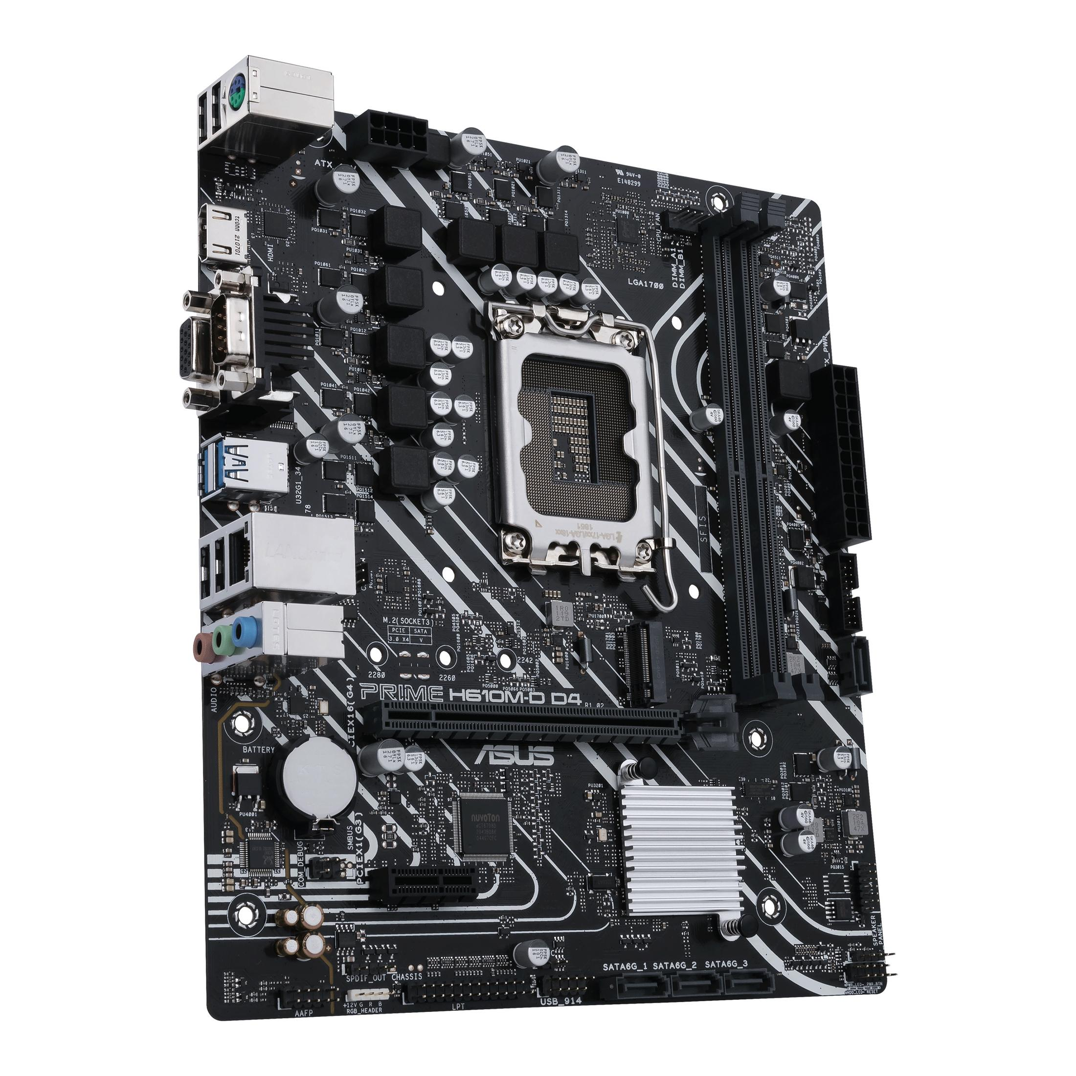 Zwart moederbord met meerdere poorten en slots. Heeft een zilveren heatsink en diverse componenten.