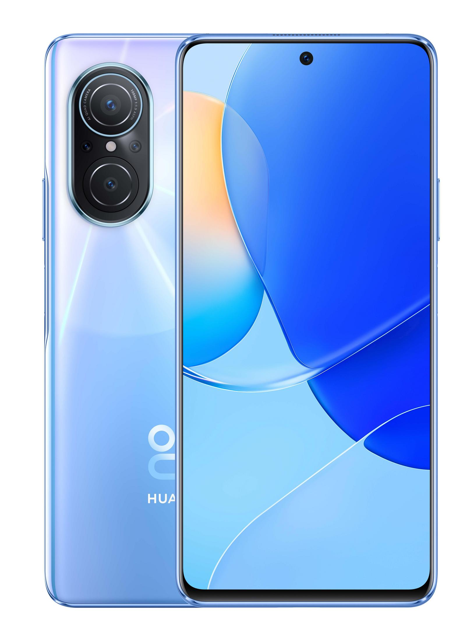 Niebieski smartfon z jasnoniebieskim tyłem i wyświetlaczem z niebieskim gradientem.