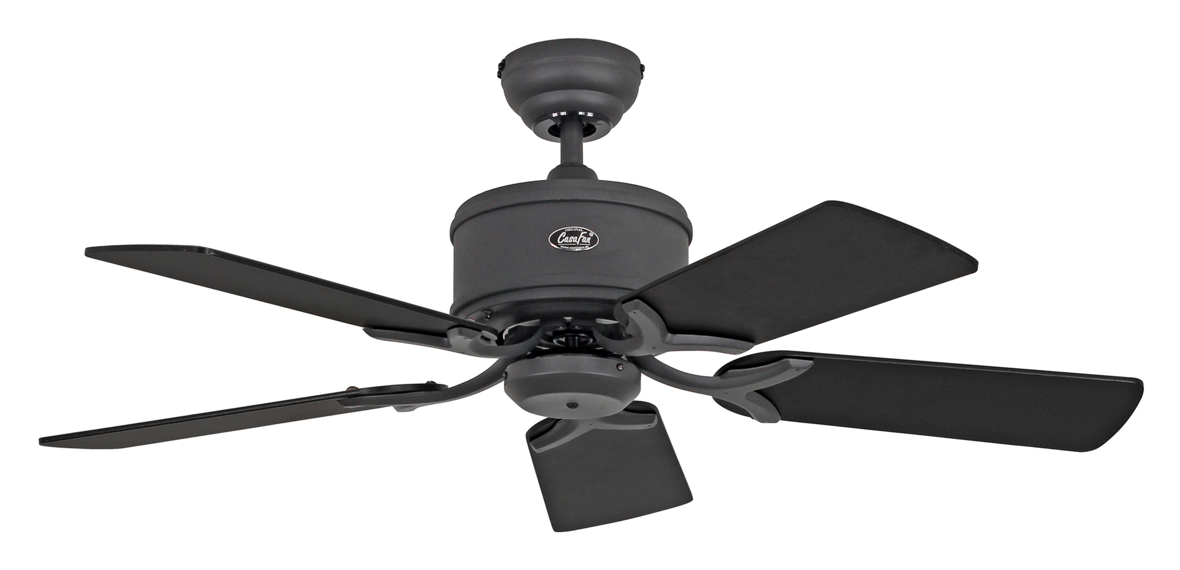 Ventilatore da soffitto nero con cinque pale, centrato. Le pale sono angolate verso il basso.