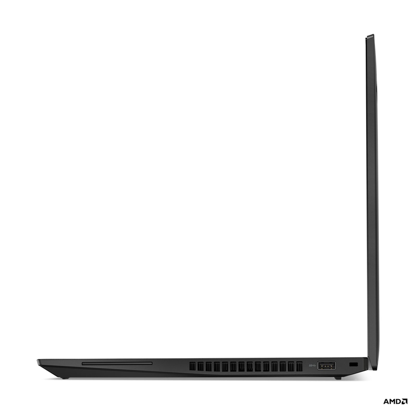 Vista laterale di un laptop nero. Schermo chiuso. Porte e prese d'aria visibili. Logo AMD in basso a destra.